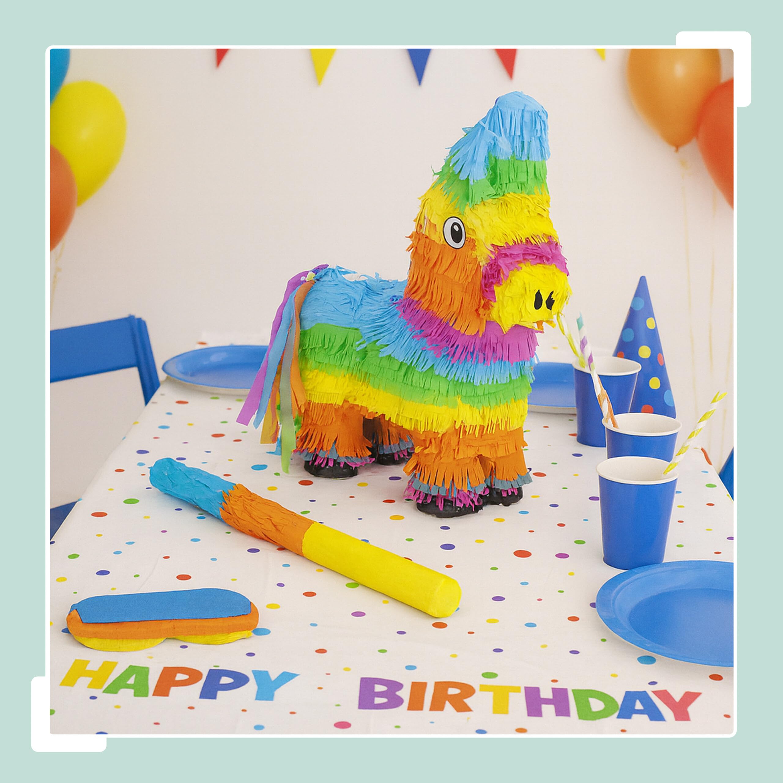 Relaxdays Pinata Esel con Bastone e Maschera, per Bambini, Compleanni, da riempire, 38x35x12 cm, Colorata