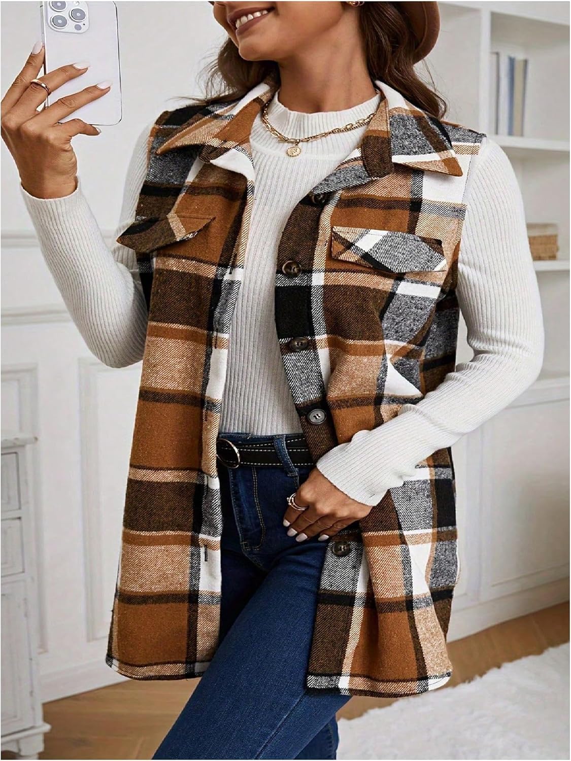 Women's Plus Size Plaid Button Up Vest Fall Casual Collared Sleeveless Work Shacket Jackets - Image 4