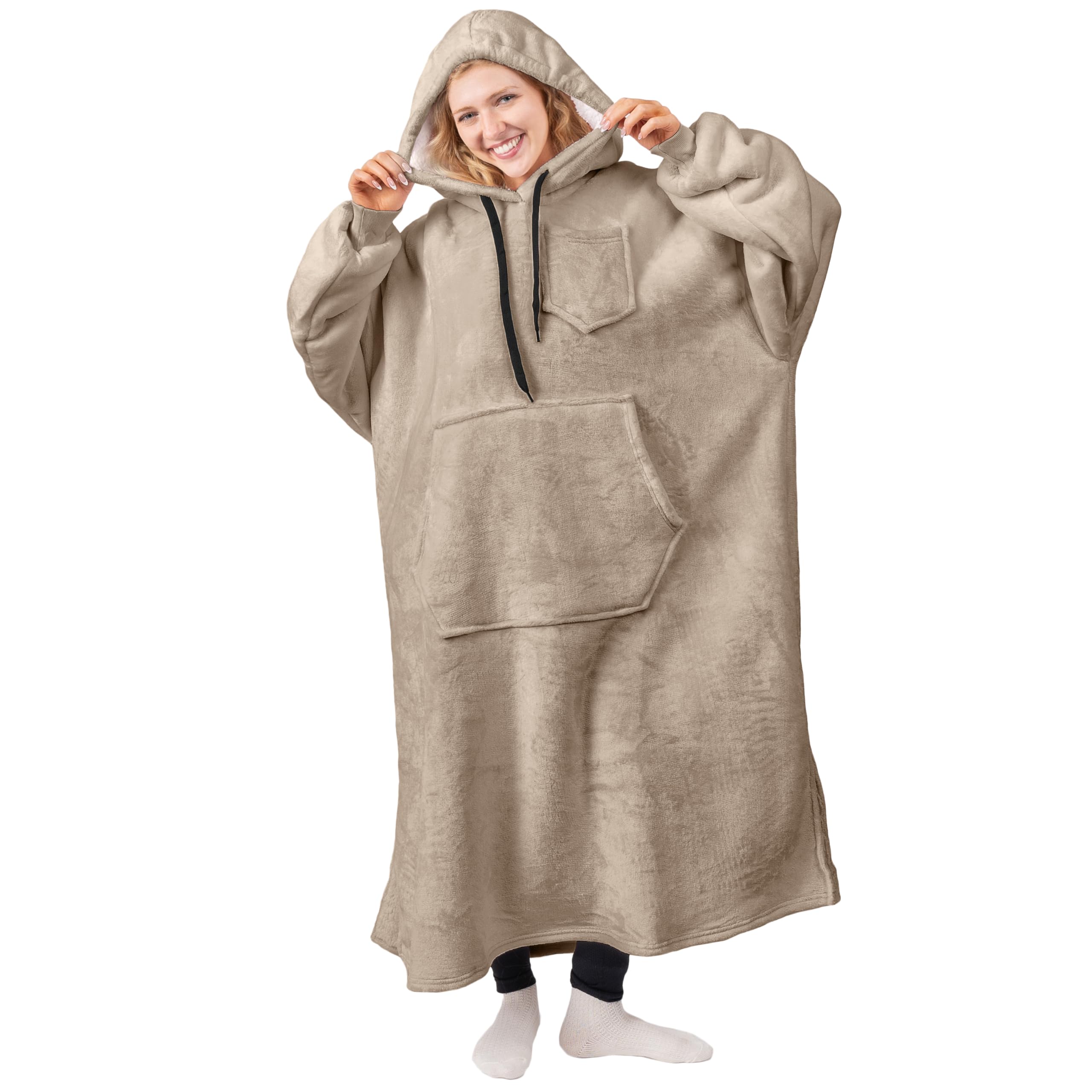 PAVILIA Blanket Hoodie for Women Tan, Sherpa Wearable Blanket Men, Cozy Oversized Sweatshirt Blanket, Warm Fleece Hooded Blanket Sweater with Sleeves