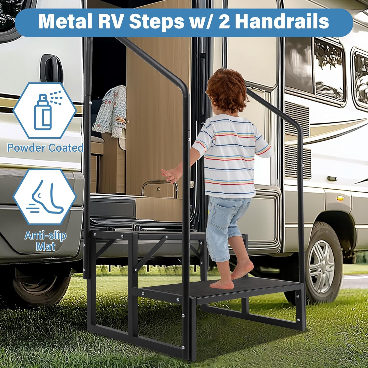 RV Steps w/Dual Handrails, 2 Step Spa Hot Tub Steps with Anti-Slip Pedals, 400lbs Load Capacity, Universal Portable Mobile Home Stairs Steps for 5th Wheel RV, Spa, Porch, Pool, Travel Trailers