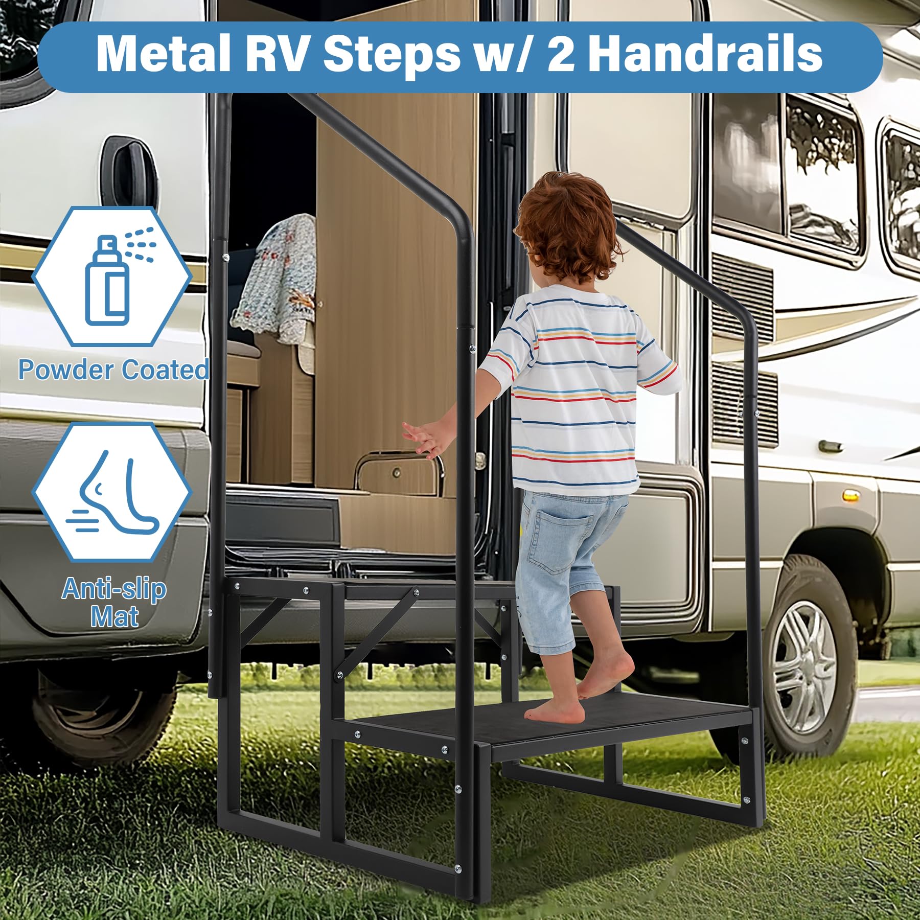 Escalones para caravana con pasamanos duales, escalones de bañera de hidromasaje de spa de 2 escalones con pedales antideslizantes, capacidad de carga de 400 libras, escalones portátiles universales