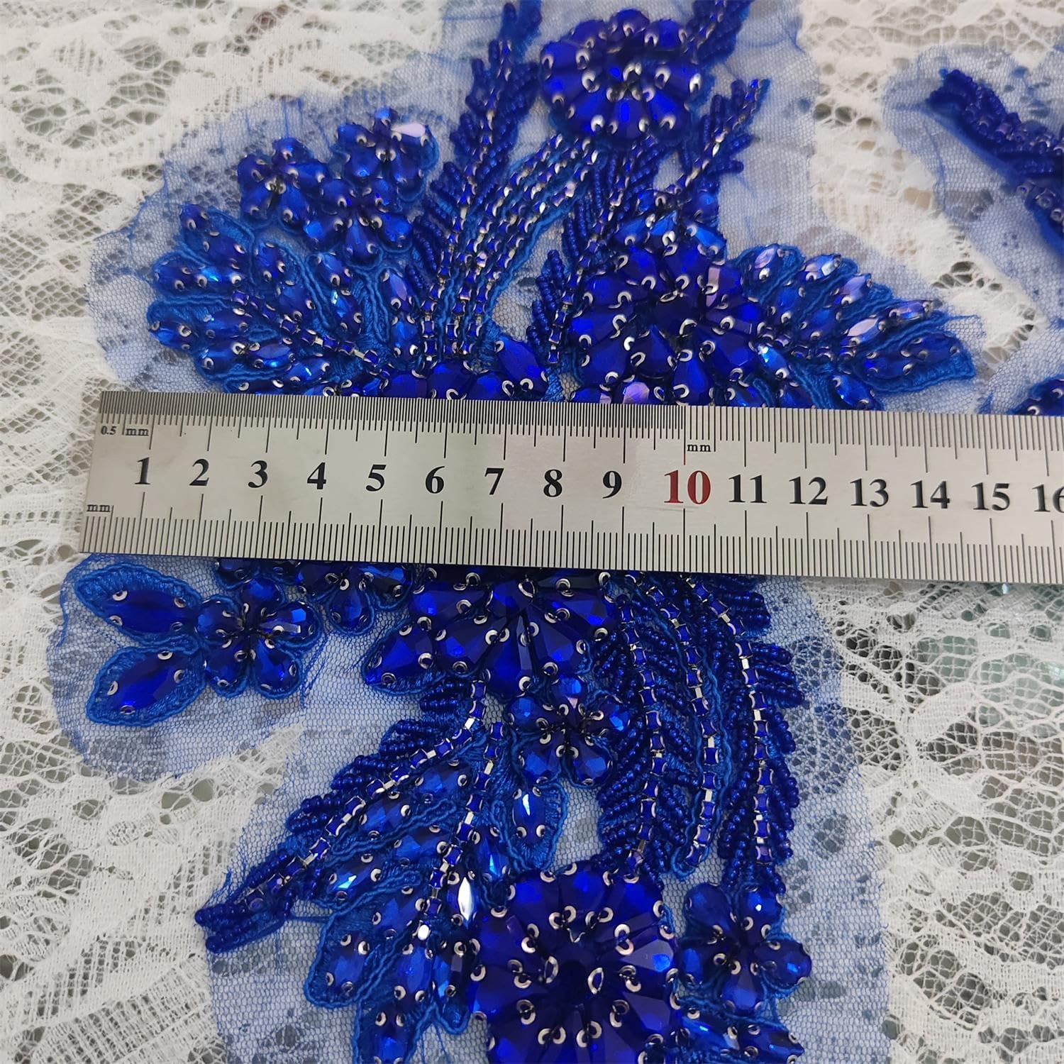 1 Pair Handmade Beaded Rhinestone Appliques, Sew on Crystal Flower Lace Patch,Multi-Color Pairs for DIY Clothing, Wedding Dress, Home Decor (Blue)
