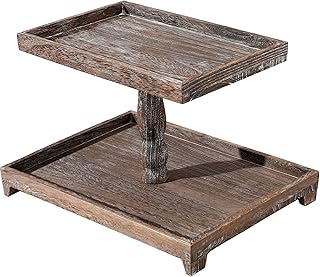 Farmhouse Tiered Tray Stand Rustic Wood Tiered Tray Decor Holder Farmhouse Wooden Tiered Tray Decorative 2 Tier Rectangular Tray Serving Farmhouse Two Tiered Stand for Home Kitchen Cake (Brown)