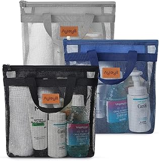 3 Pcs Portable Mesh Shower Caddy Tote, Quick Dry Tote Bag Mesh Beach Bags for Women, Hanging Toiletry and Bath Organizer for Travel Swimming Sports Gym Camp Shopping College Dorms (Black Gray D Blue)