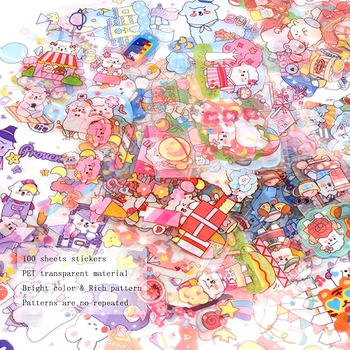 Miniatura 4 de EAMOTOL 100 hojas de calcomanías decorativas de PET, lindo juego de calcomanías impermeables para álbumes de recortes, diario, planificador, álbumes