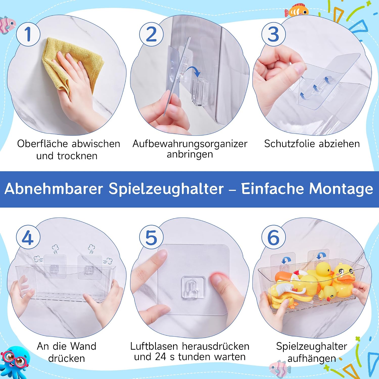 Antimbee Clear Bath Toy Storage, 2 Pack | Large Capacity, Quick Dry, No Drill Adhesive, Shower Caddy, For Baby Toddler Kids