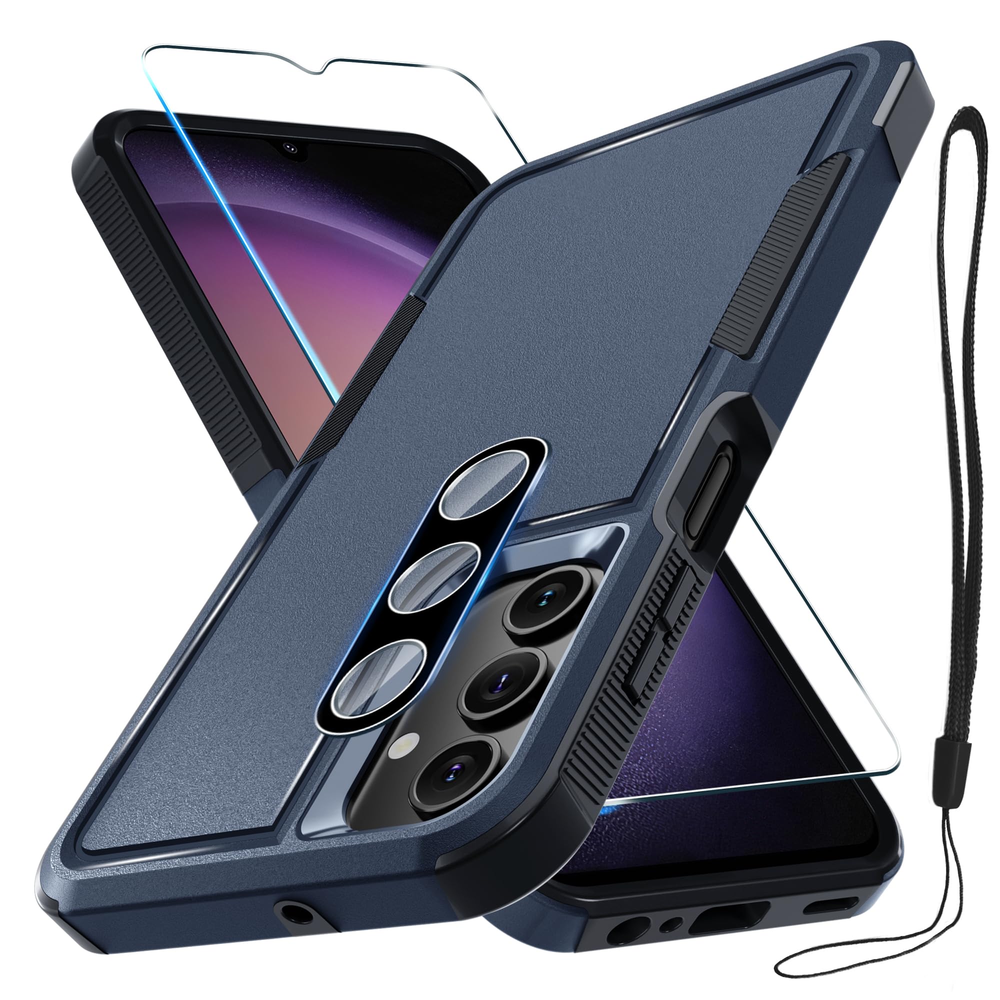 RMOCR Case for Samsung Galaxy A16 5G, Full Body Heavy Duty Rugged Shockproof Protective Phone Cover with Lanyard Strap, Tempered Glass Screen Protector and Camera Lens Cover, Navy Blue