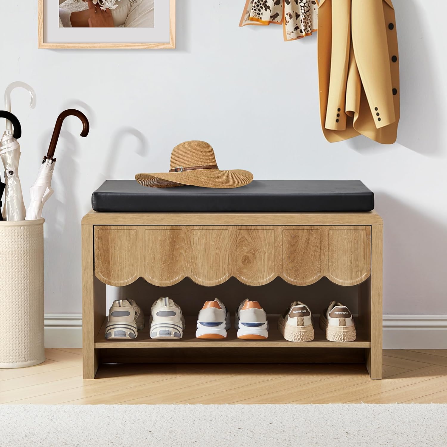 Shoe Storage Bench with Cushion, Shoe Rack Organizer Cabinet Bench with Wave Panel Drawer and Open Shelf for Entryway, Hallway, Living Room (Natural)