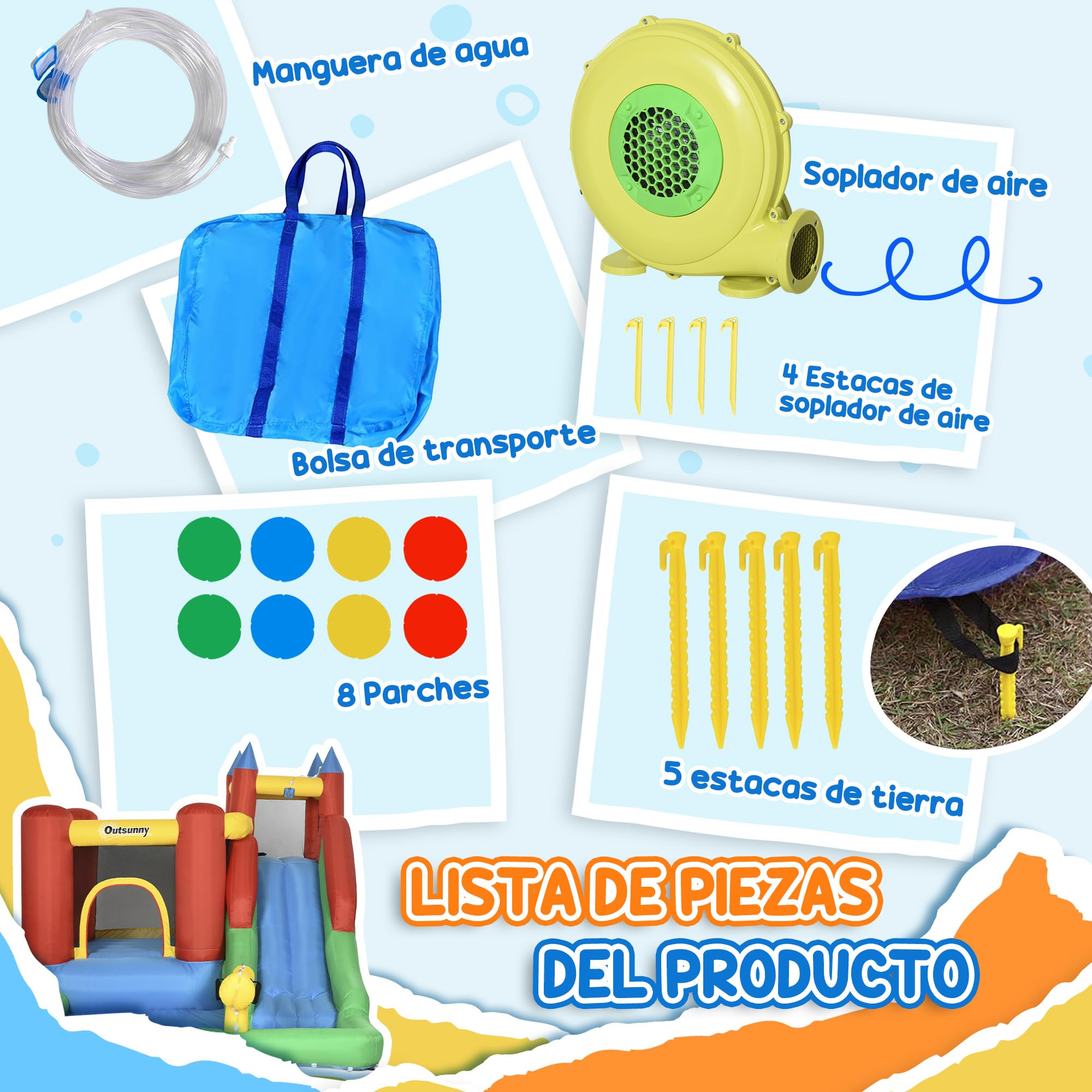 Outsunny Castillo Hinchable para Niños +3 Años 6 en 1 Castillo Inflable con Inflador Parque Acuático con Tobogán Zona de Salto Piscina y Bolsa de Transporte 330x245x215 cm Multicolor