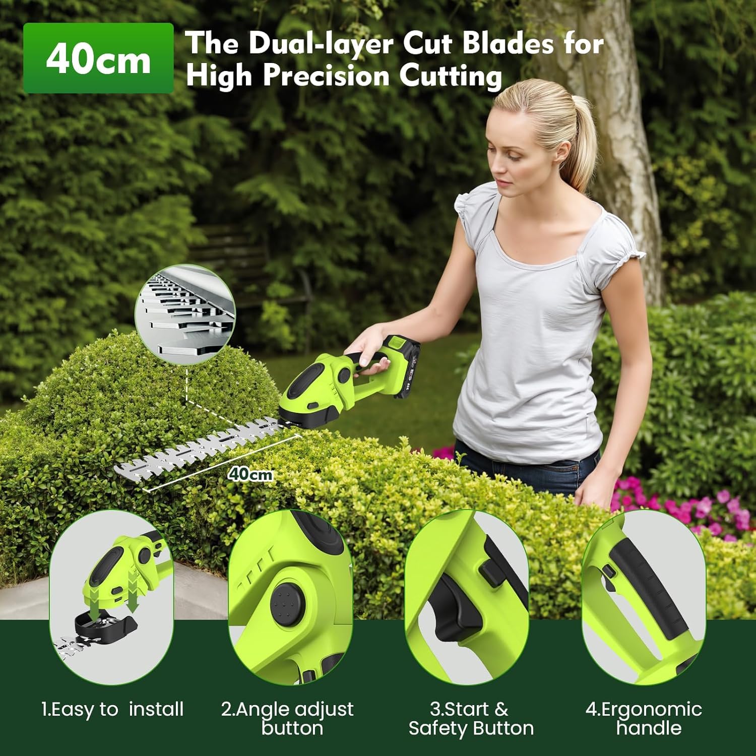 Motosierra y Cortasetos Batería con Pértiga Telescópico, 4 en 1 Eléctrica Herramientas de Jardín con 4 Cadenas Reemplazables, 2 4000 mAh Baterías, Gafas, Guantes para Cortar Jardines Arbusto y Ramas