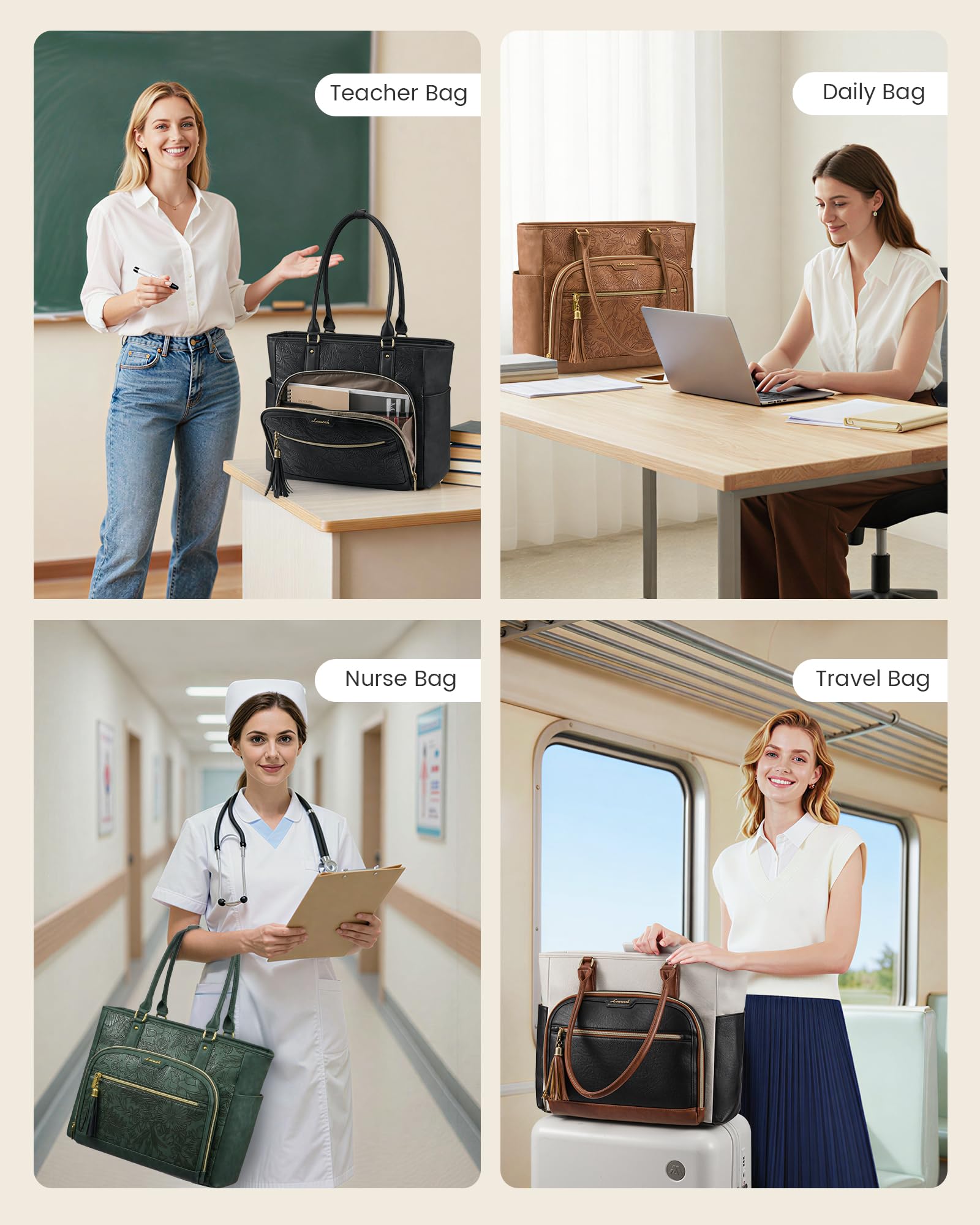 LOVEVOOK Laptop Tote Bag for Women Work, Vintage Leather Teacher Nurse Bag with Large Cup Holder, Bible Handbag Purse GIfs, Waterproof Professional Computer Briefcase for Business Office, 15.6 Inch — view 6