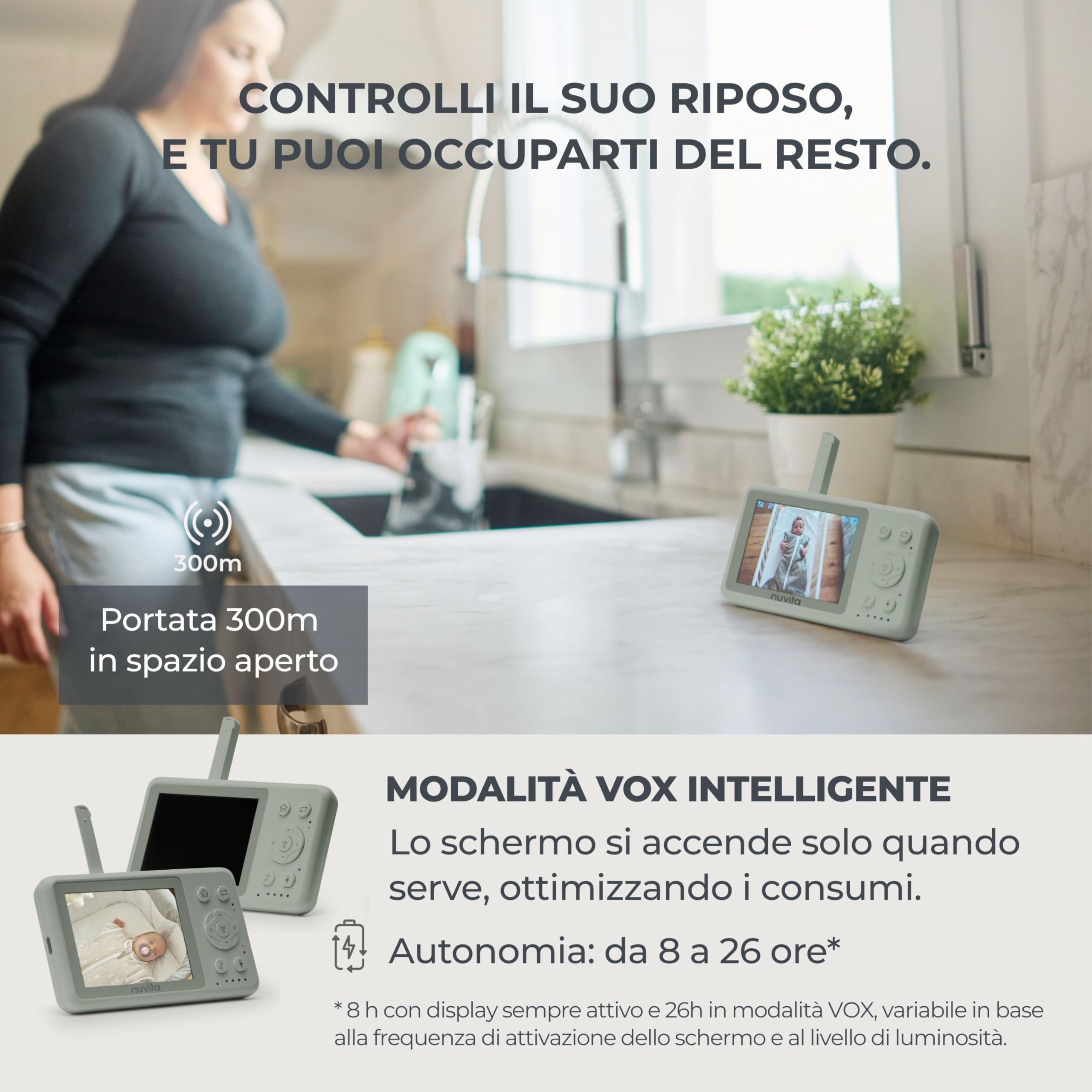 Nuvita 3035 Baby Monitor Video 3.2" - Cámara HD 360° Pan & Tilt, Visión Nocturna, Alcance 300m, Audio Bidireccional, VOX, Sensor de Temperatura