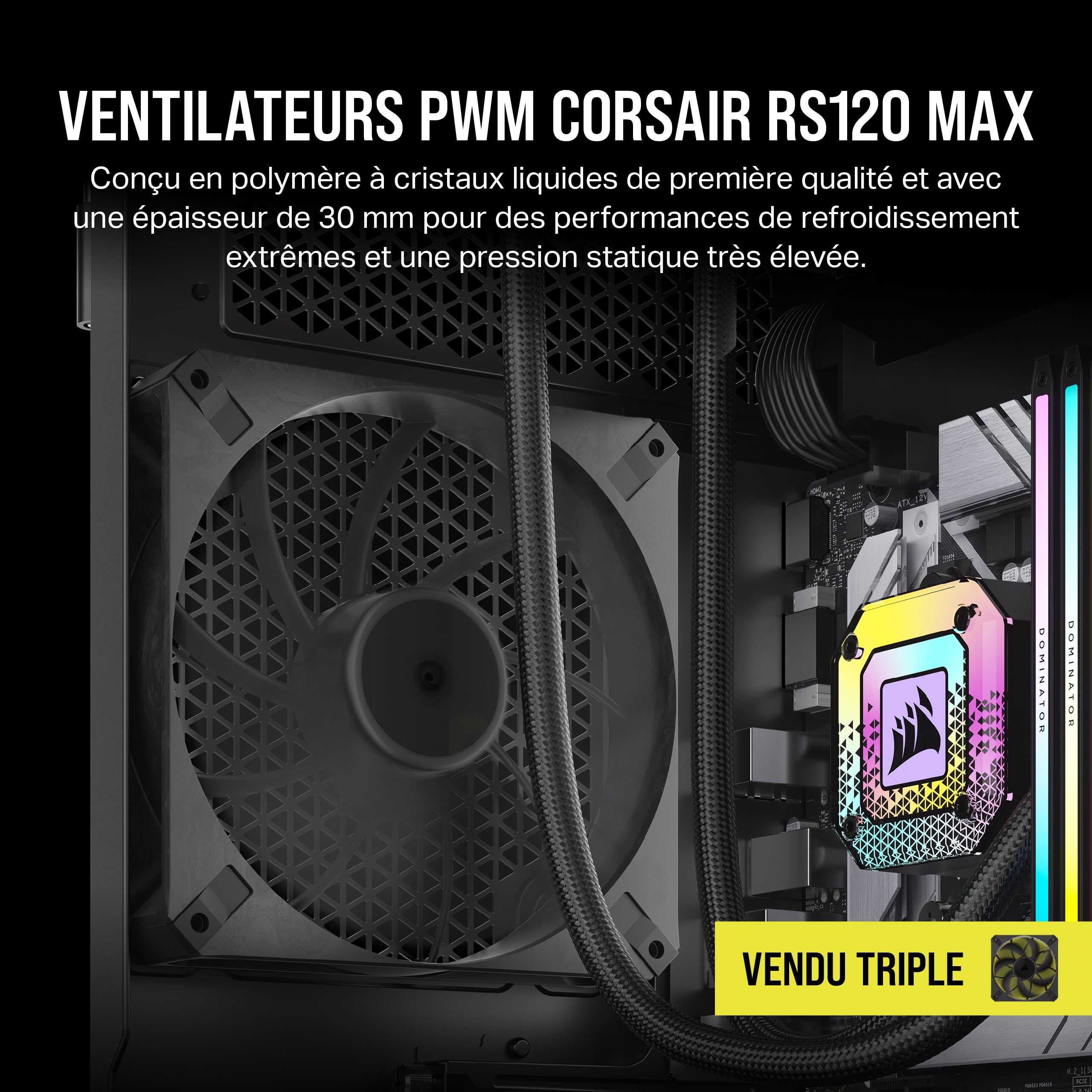 CORSAIR RS120 Max PWM Ventilateurs Épais de 120 mm – Pression Statique Élevée – Conception en Polymère à Cristaux Liquides – Lot de Trois – Noir
