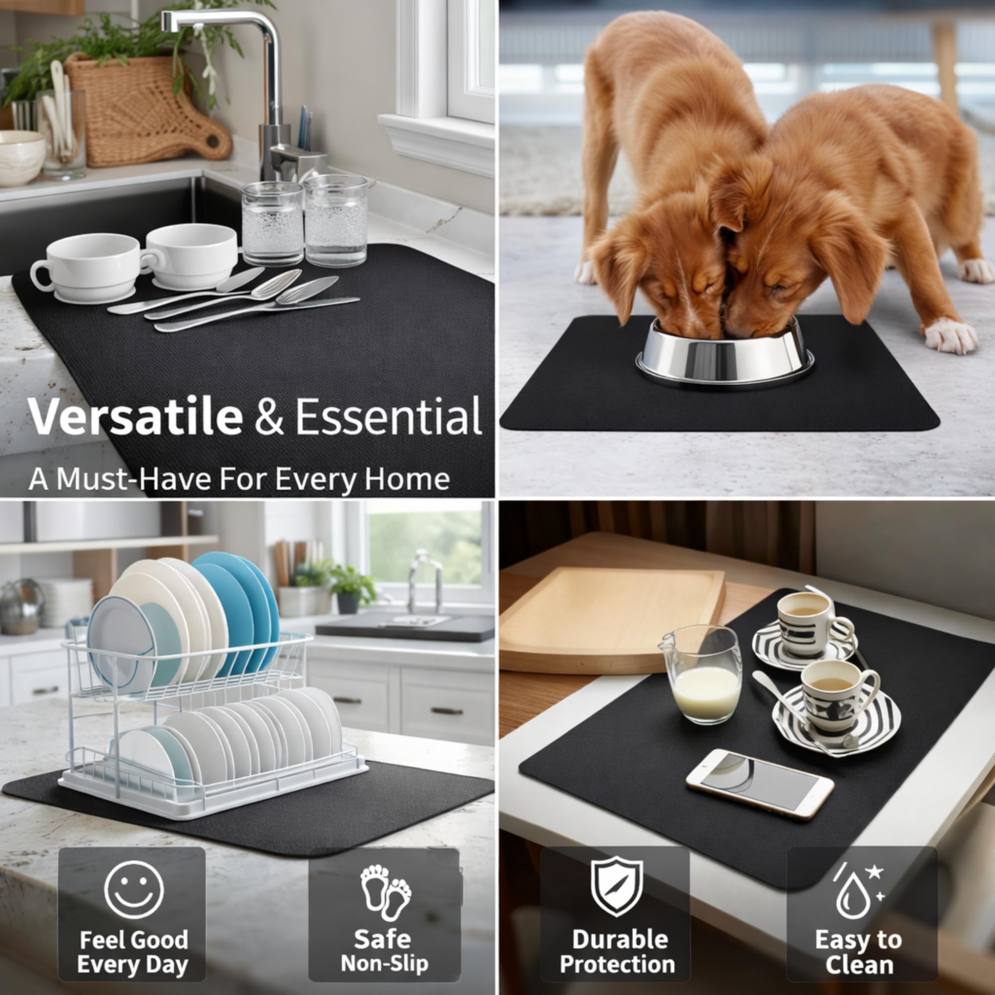 Super Absorbent Kitchen Dish Drying Mat – 60x40 cm Anti-Slip Diatomite Drying Pad for Kitchen Counter, Quick Dry Coffee Machine Mat, Multipurpose Waterproof & Heat Resistant Mat (Black) 2