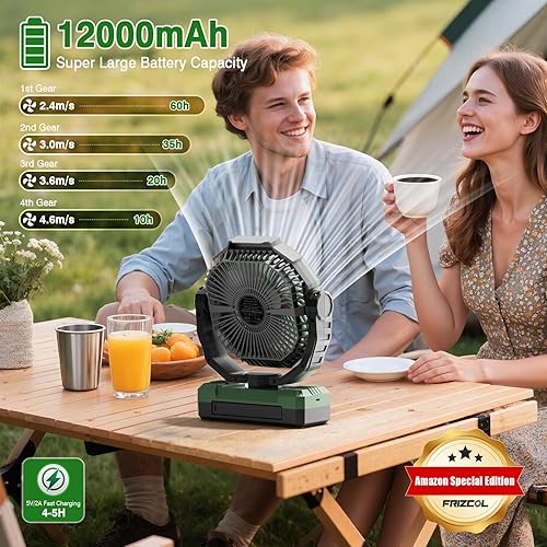 Miniatura 2 de FRIZCOL Ventilador de campamento 3 en 1  Ventiladores portátiles recargables  Ventilador de batería de alta capacidad (60 horas) con luz y control