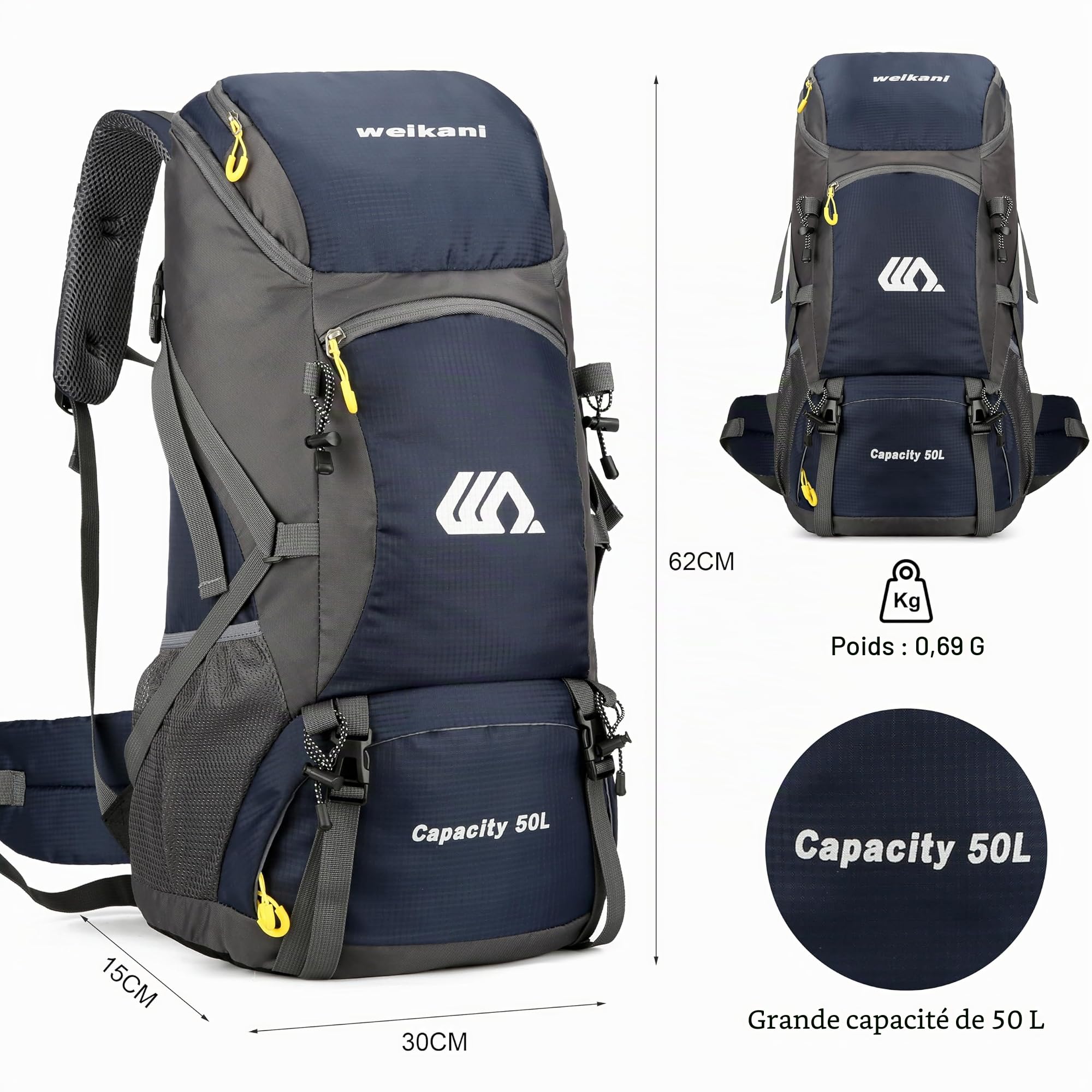 Sac à Dos de Randonnée 50 L, Imperméable Sac de Trekking avec Housse de Pluie, Sac à Dos Grande Capacité Multifonction pour pour Homme Femme Alpinisme Escalade Trekking Voyage Camping