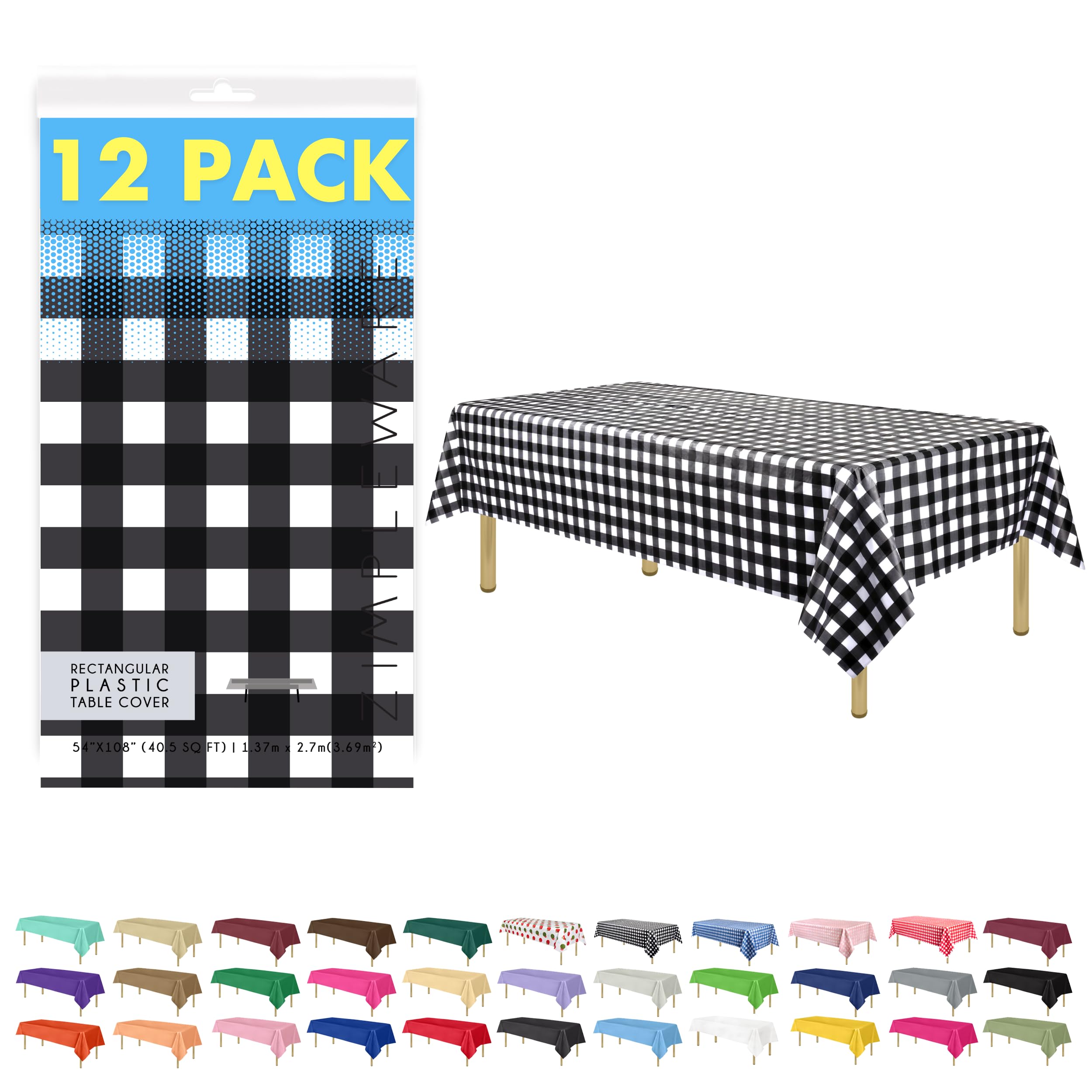 ZIMPLEWARE Premium Black Gingham Checkered Plastic Table Cloth Disposable (12 Pk) Plastic Tablecloths for Rectangle Tables (54in x 108in) Party Table