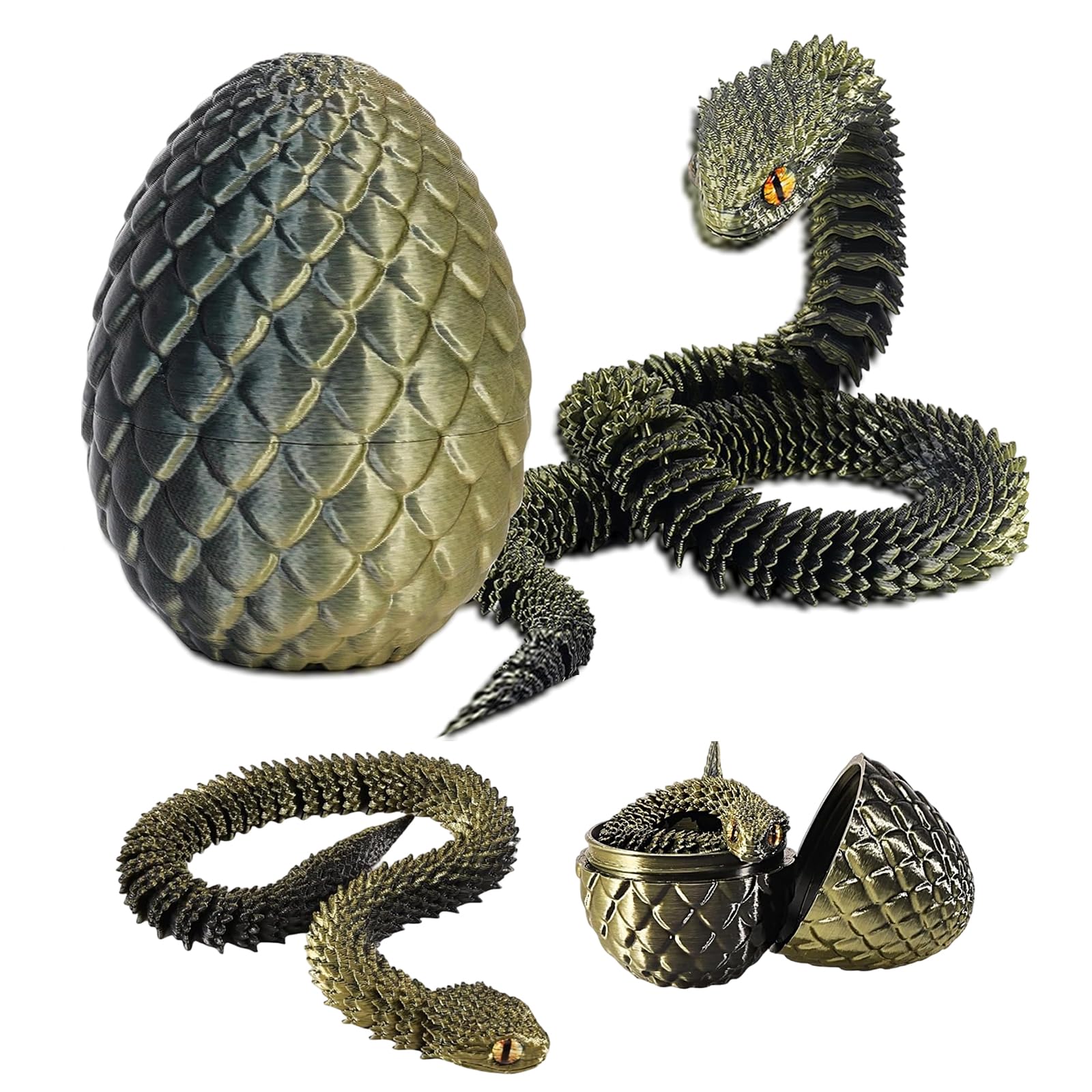 3D Printed Snake, Sensory Fidget Toy for Stress Relief, Movable Articulated Design with Black Gold Finish, Fantasy Collectible Display Piece for Office Desk and Home Decor