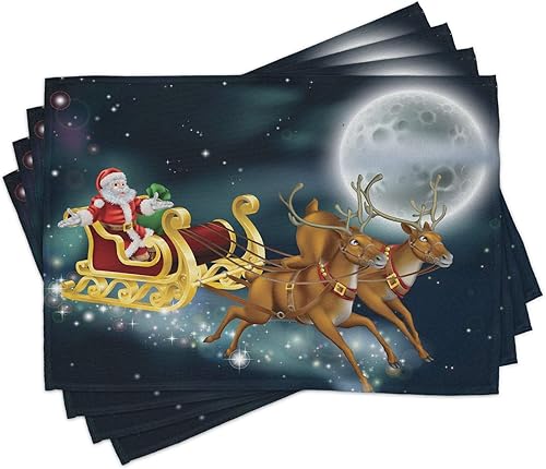 Miniatura 1 de Lunarable Juego de 4 manteles individuales de Navidad, Papá Noel con reno en trineo, noche estrellada oscura con fantasía de luna, manteles