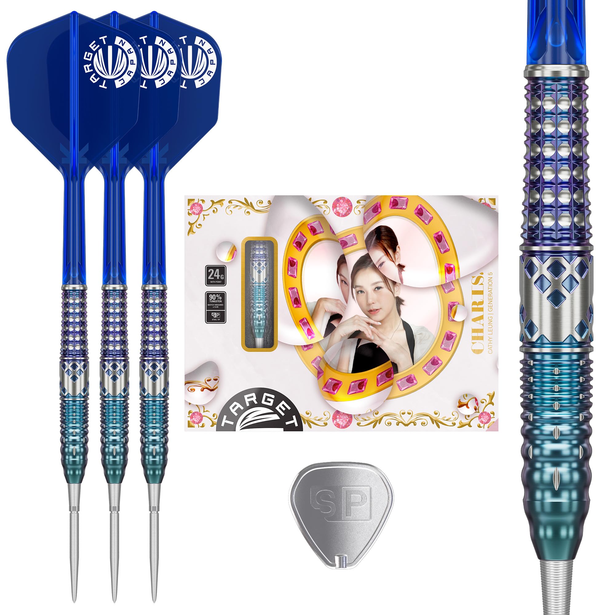 Target Japan Charis G5 Swiss Point Steel Tip Darts with Kflex, 24G | 90% Tungsten Dart Set, K-Flex Flights and Shafts, Storm Nano Points with Tool, Cathy Leung Gen 5, Blue K Flex Printed No.6