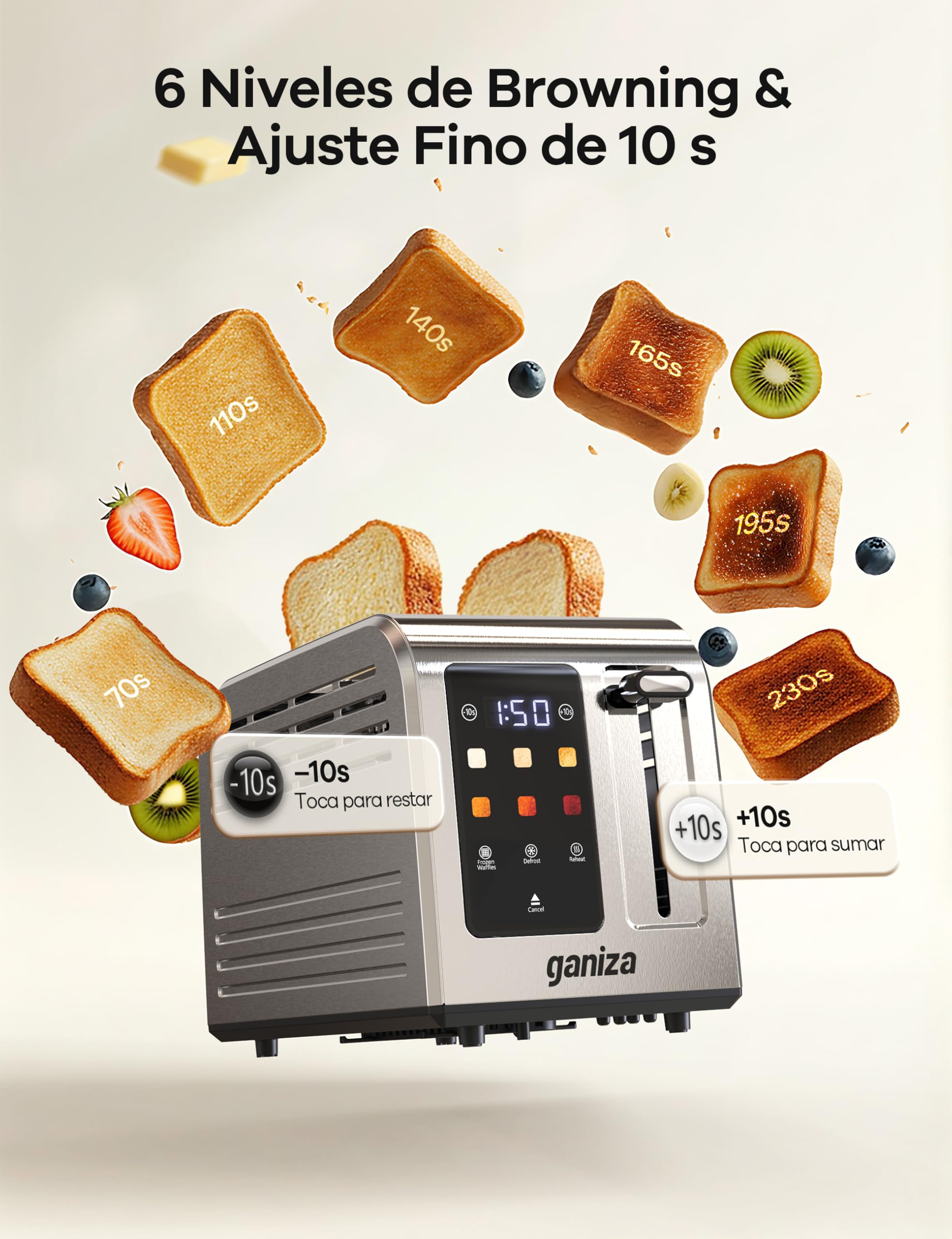 Ganiza Tostadora Inteligente para 2 Rebanadas, Acero Inoxidable con Pantalla Táctil, 6 Niveles de Tostado,Temporizador Digital, Ranura Ancha, +/-10 s, Bandeja Recogemigas, 925 W