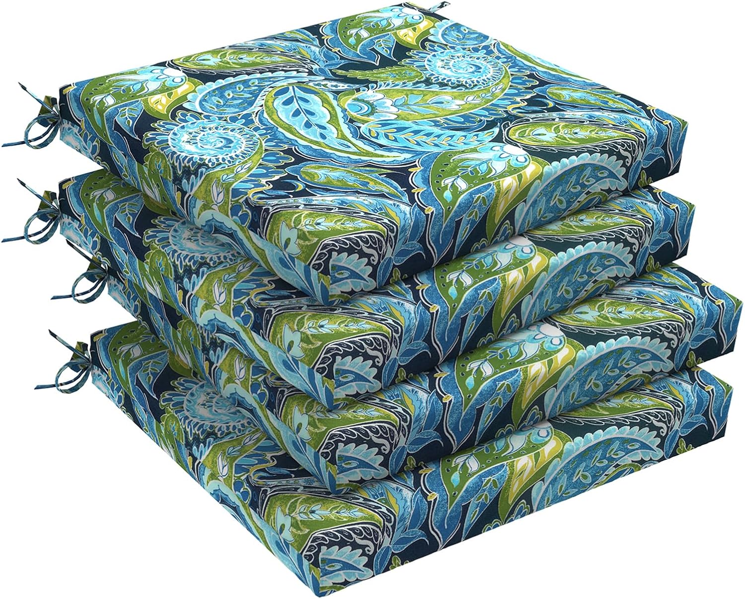Set of 4 Outdoor Chair Cushions, Water Resistant 18.5"x16"x2" Square Seat Cushion for Patio Dining Chairs, High-Density Replacement Pads for Indoor Outdoor Furniture - Paisley Lapis Green