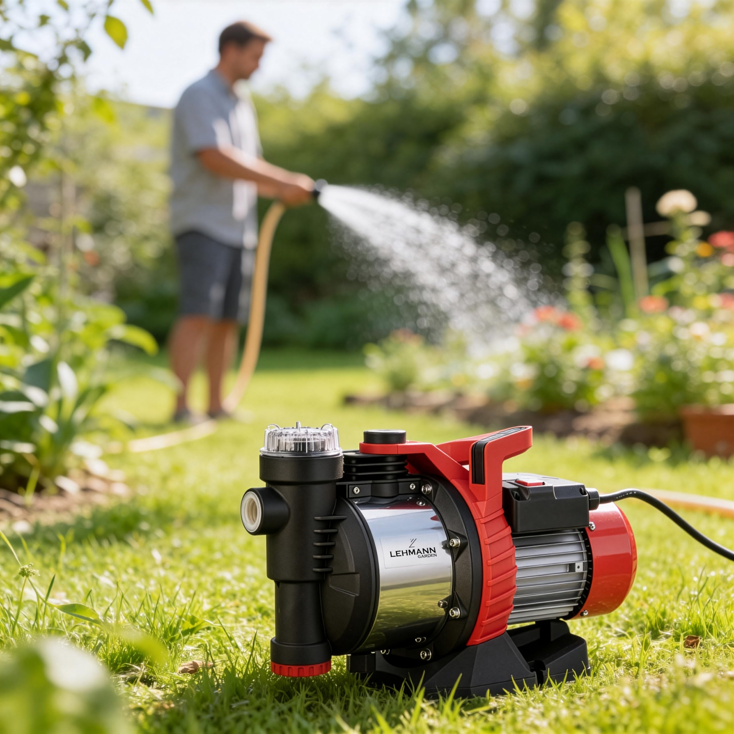 LEHMANNN Gartenpumpe BP1, 900 W, Förderleistung 3600 L/h, 4,2 bar Druck, max. Ansaughöhe: 8 m & Förderhöhe 42 m, Selbstansaugende, Pumpengehäuse aus Edelstahl, IPX4, ergonomische Tragegriff