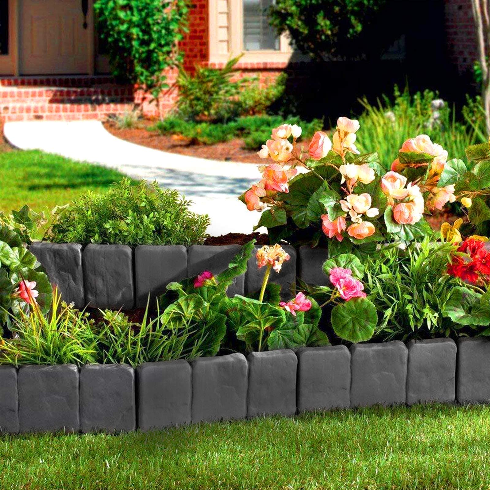 Beeteinfassung Rasenkante Stein Rasenkante Kunststoff PP-Beetbegrenzung Beetumrandungen für Garten Wiese LxH 25x23cm 50-teilige / 12,5M Anthrazit