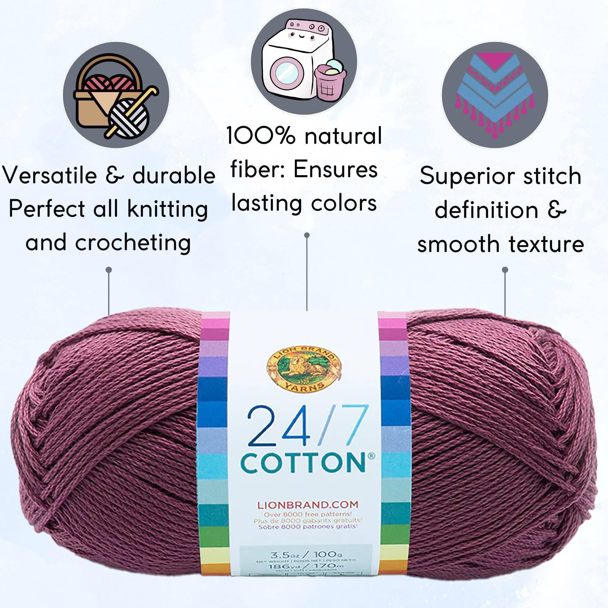Lion Brand 24/7 Cotton Lilac 761-143 (3 Knäuel – gleiche Farbstofflose) Kammgarn, Größe M, #4, Baumwollgarn zum Häkeln und Stricken, mit Projekttasche