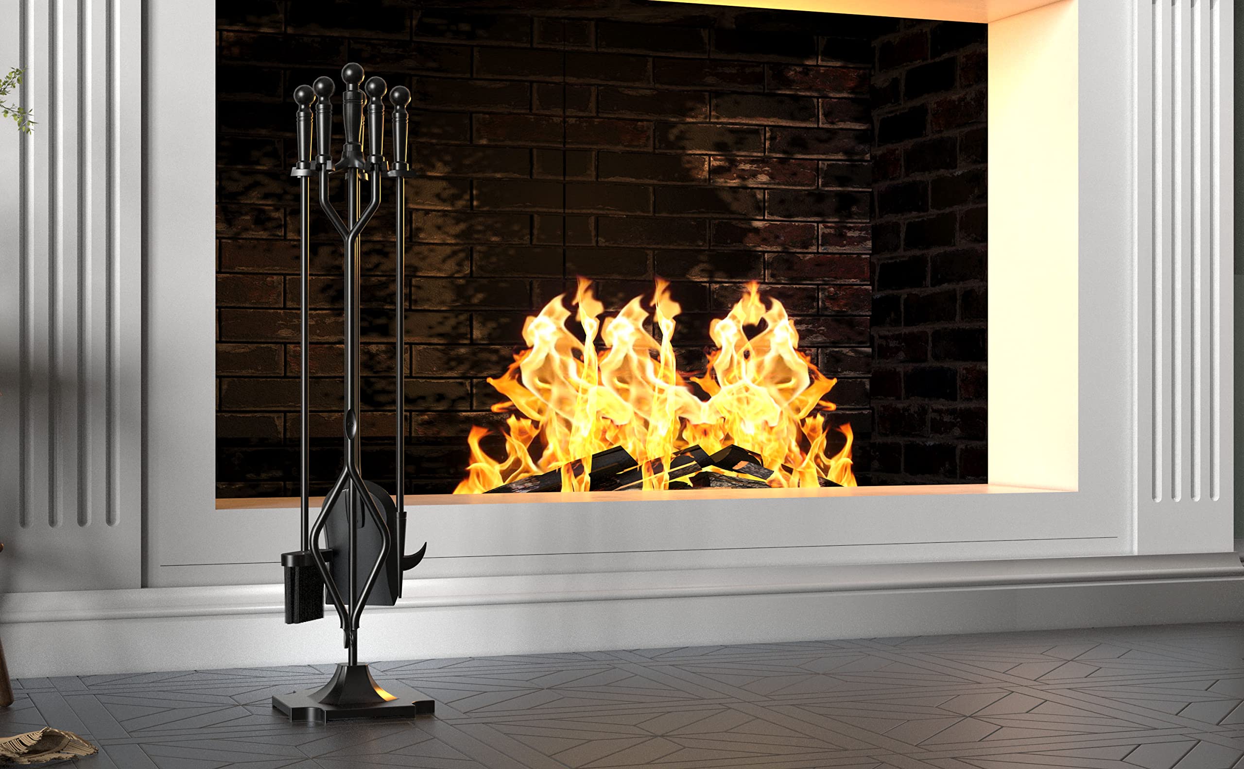 Juego de herramientas de chimenea de hierro forjado negro, 5 piezas, para estufa de leña, pinzas de tronco, accesorios de chimenea de alta resistencia 3