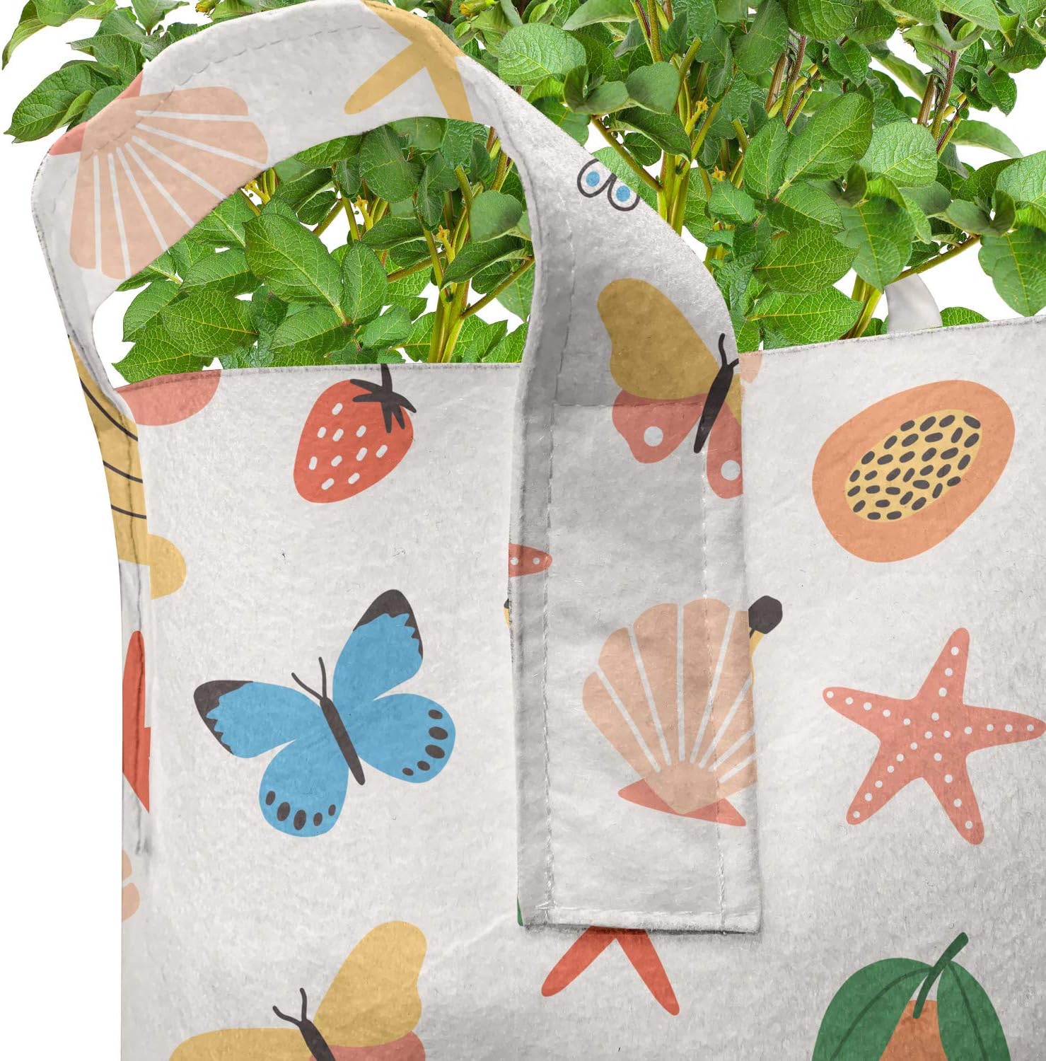 Ambesonne Summer Grow Bags 5-Pack, Fruits Flowers Seashells, Heavyduty Fabric Pots with Handles for Plants, 5 Gallon, Multicolor