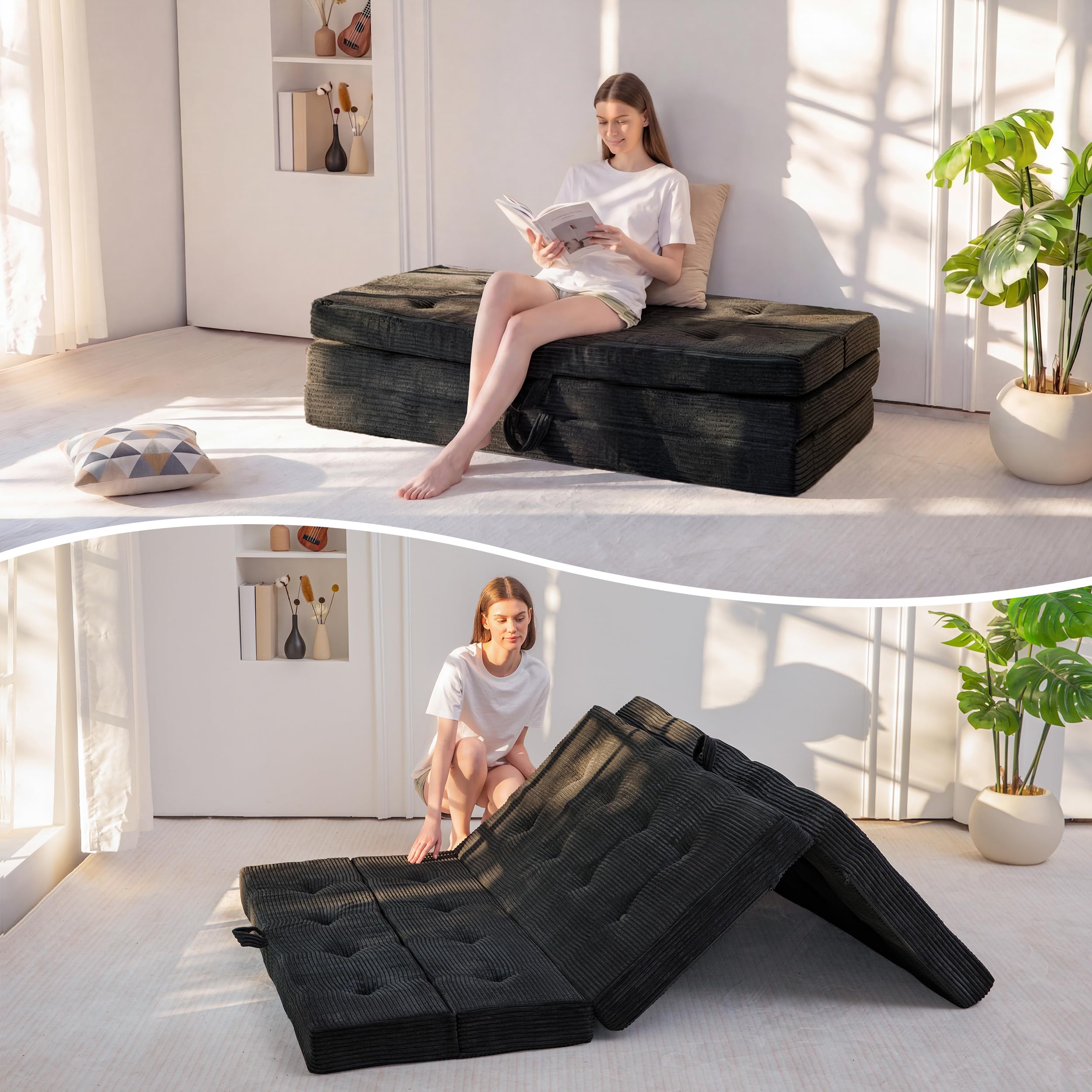 MAXYOYO Folding Mattress Double, Comfy Foldable Sofa Couch Bed, Guest Mattress with Handles Floor Futon Sofa Bed for Guest, Foldable Topper for Camping