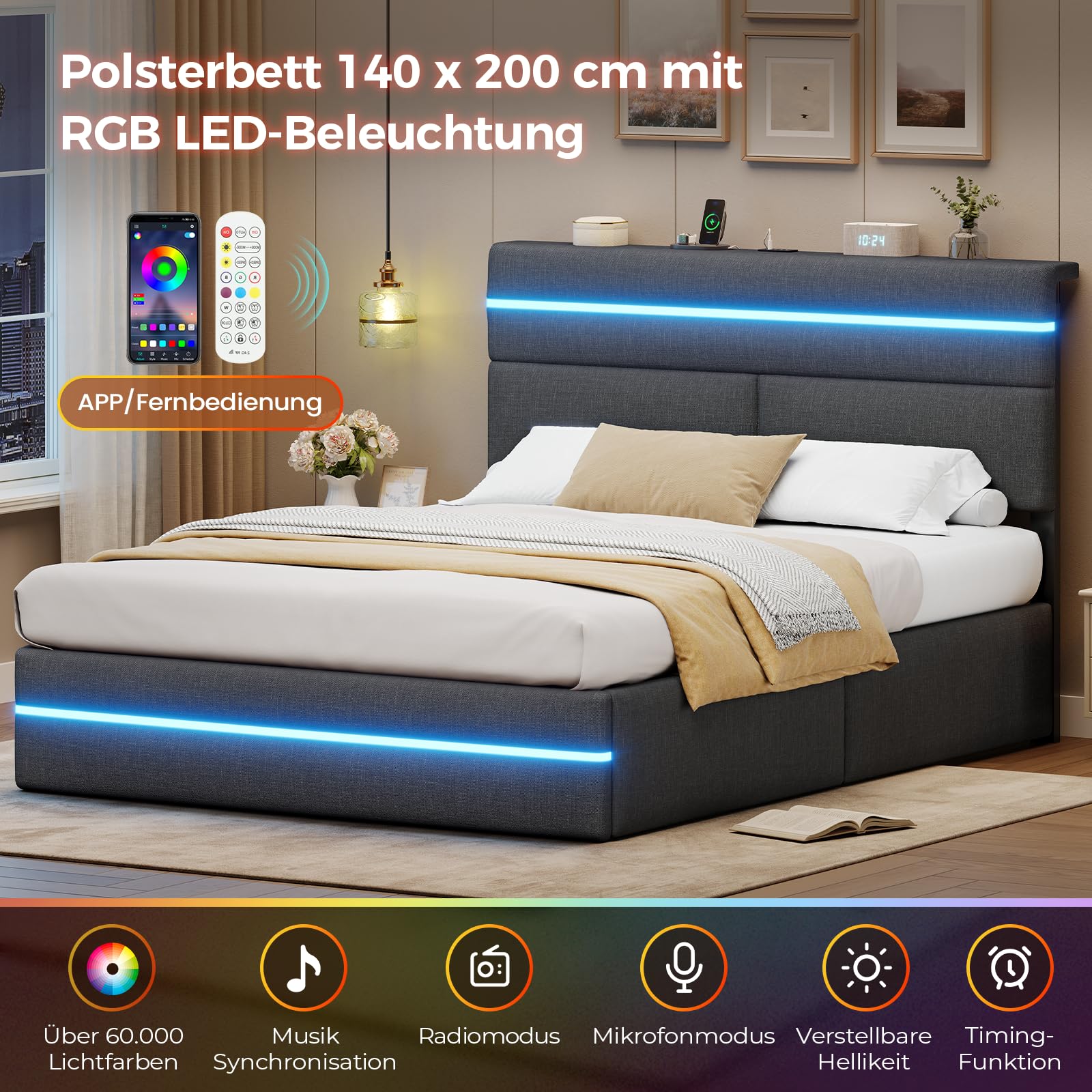 AOGLLATI Bett 140x200 mit Hydraulischem Stauraum, Polsterbett Doppelbett mit LED-Kopfteil & Ladestation (3 USB + 1 Type-C), Jugendbett mit Lattenrost,Boxspringbett, Dunkelgrau Leinen(ohne Matratze)