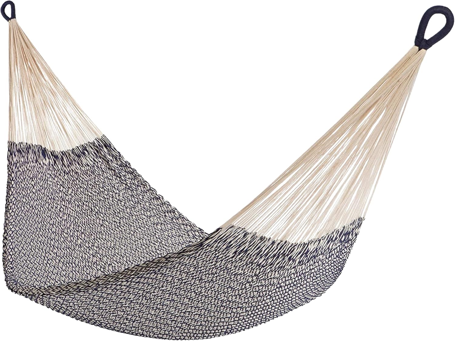 Handwoven Cotton Rope Hammock by Yellow Leaf Hammocks – Double Size, Fits 1-2 PPL, 400lb max – 100% Natural Cotton, Easy to Hang, Artisan Made – Color: Navy Blue – Off White