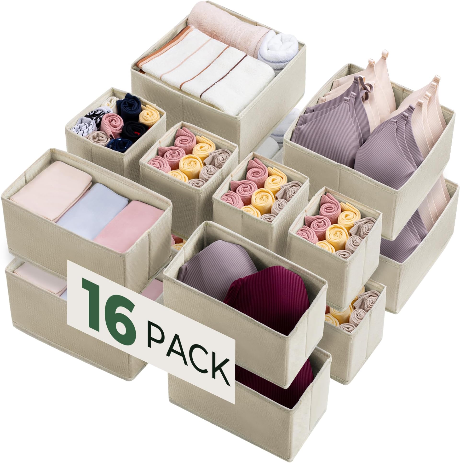 Kootek 16 Pack Neutral Beige Drawer Organizers for Clothing, Dresser, Bedroom, Bathroom, Craft Room, Nursery, Foldable, Durable, Space Saving, Non-Woven Fabric with Plastic Boards, Insert Mount, CADDY