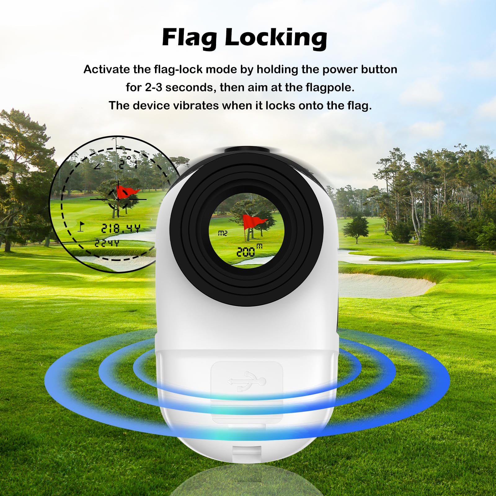 Real HD Telémetro de golf con pendiente, 1,200 yardas, aumento 7X con imán, vibración de bloqueo de bandera, telémetro láser recargable para caza