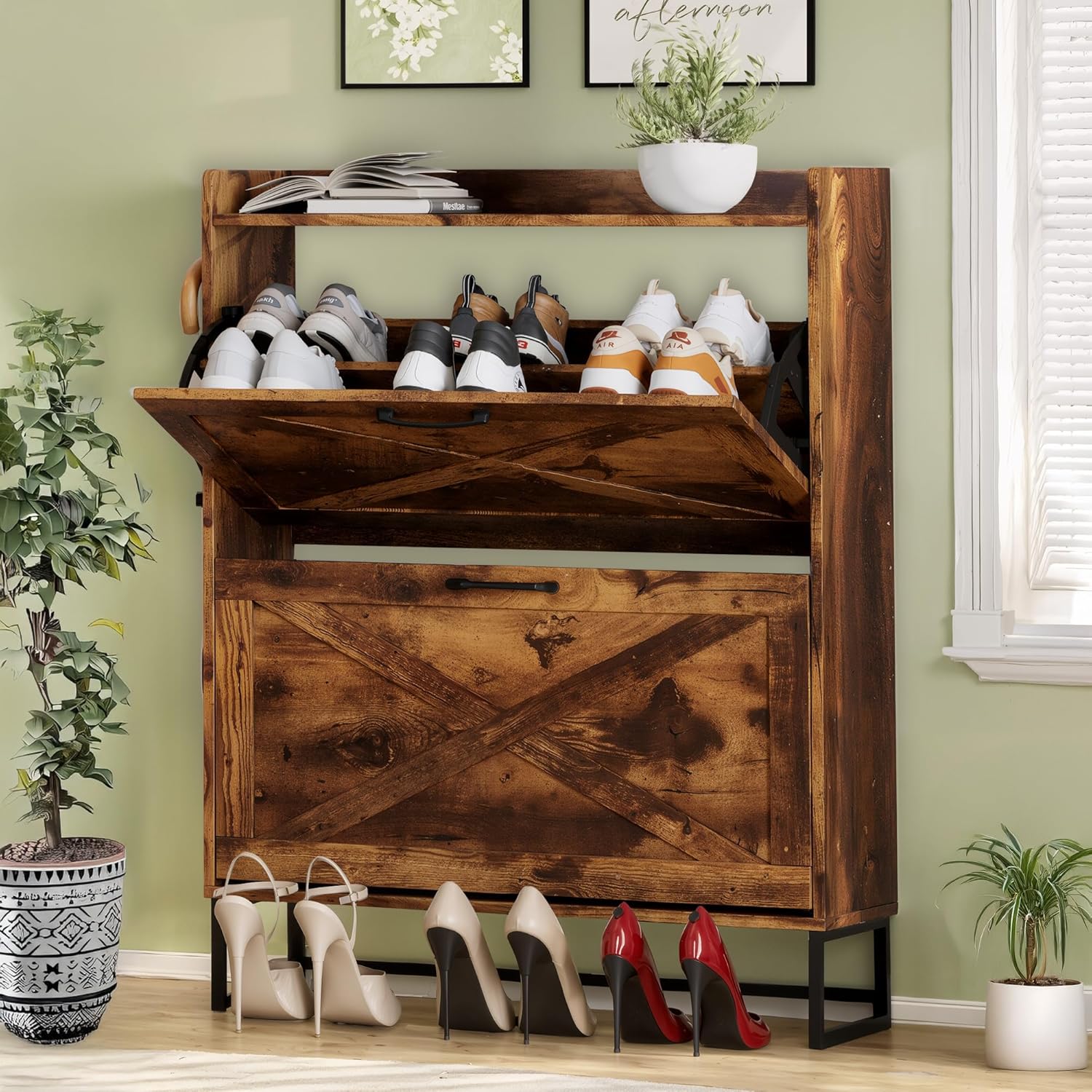 Shoe Cabinet Storage for Entryway Hidden Shoes Storage Cabinet with 2 Rattan Flip Drawers, Shoes Cabinet with Adjustable Shelves for Entryway, Hallway, Shoe Organizer Cabinet, Rustic Brown