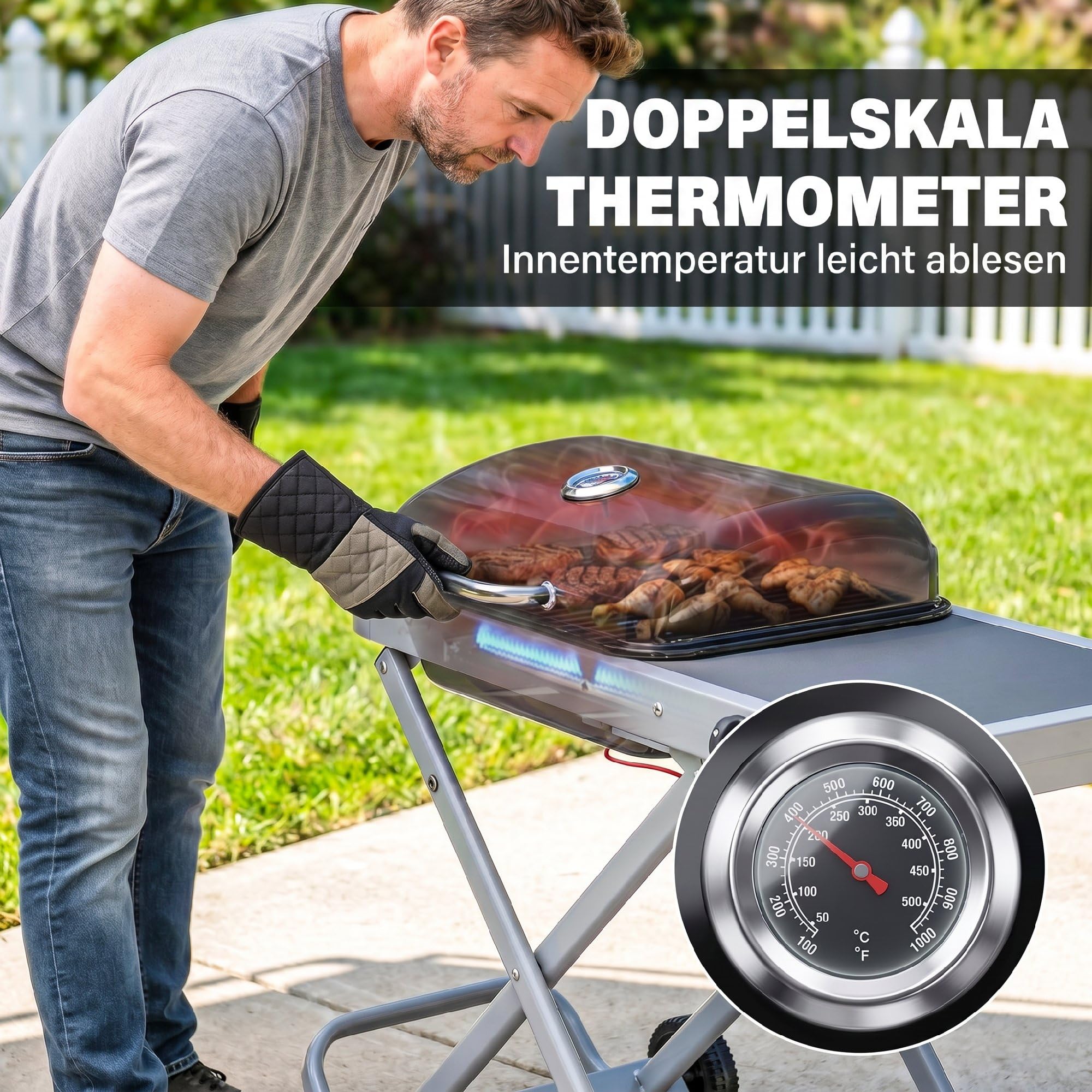 Outsunny Tragbarer Gasgrill 1 Brenner 2,5kW Grillwagen mit Faltbarem Rollwagen Grillrost Seitentisch Deckel Thermometer Fettauffangschale Tischgrill Outdoor Tischgasgrill für BBQ Camping Garten