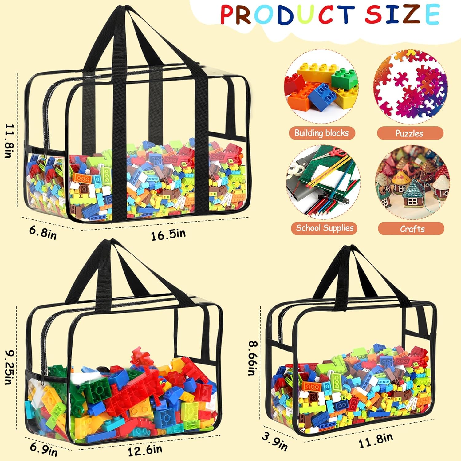 6 Packs Toy Storage Bags with Labels, Reusable Clear PVC Board Game Storage, Travel Waterproof Organizer Bags with Zipper Large Capacity (L, XL, XXL)