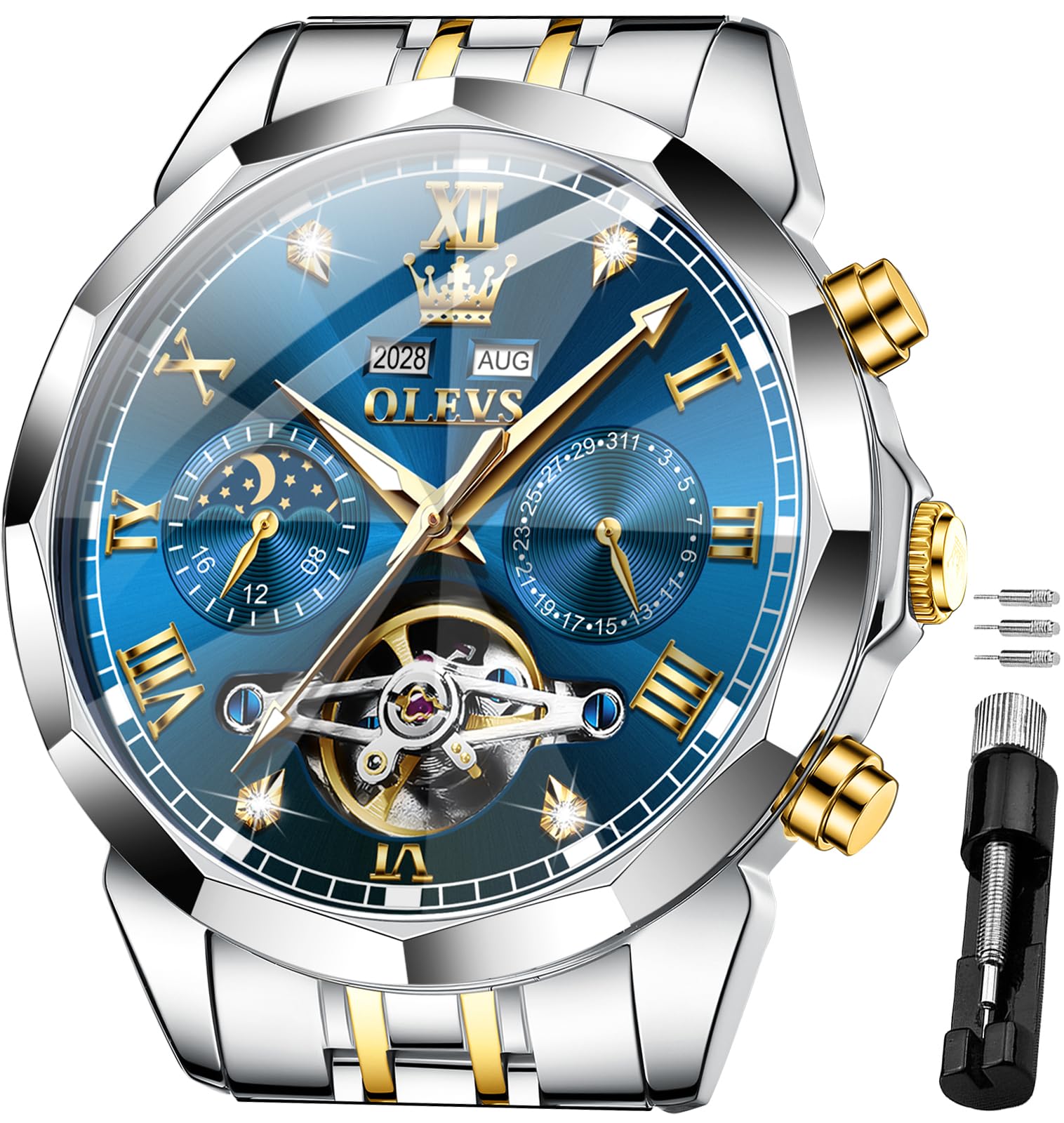OLEVS Watches for Men Automatic Mechanical Luxury Dress Big Face Self Winding Tourbillon Skeleton Luminous Wrist Watches