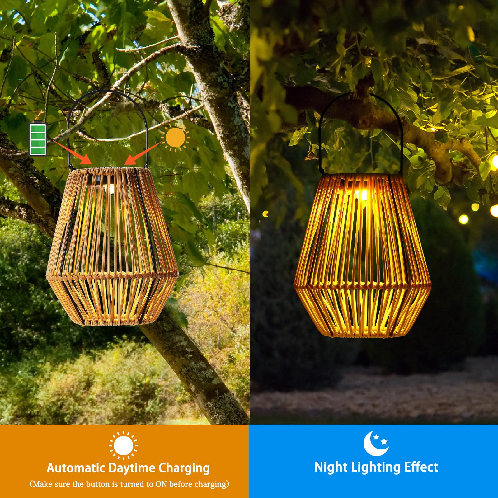 VIHOSE Confezione da 6 lanterne solari in rattan, luci solari da appendere, con manico, impermeabili, per esterni, decorazione per patio, portico, giardino, sentiero, cortile, alberi, prato