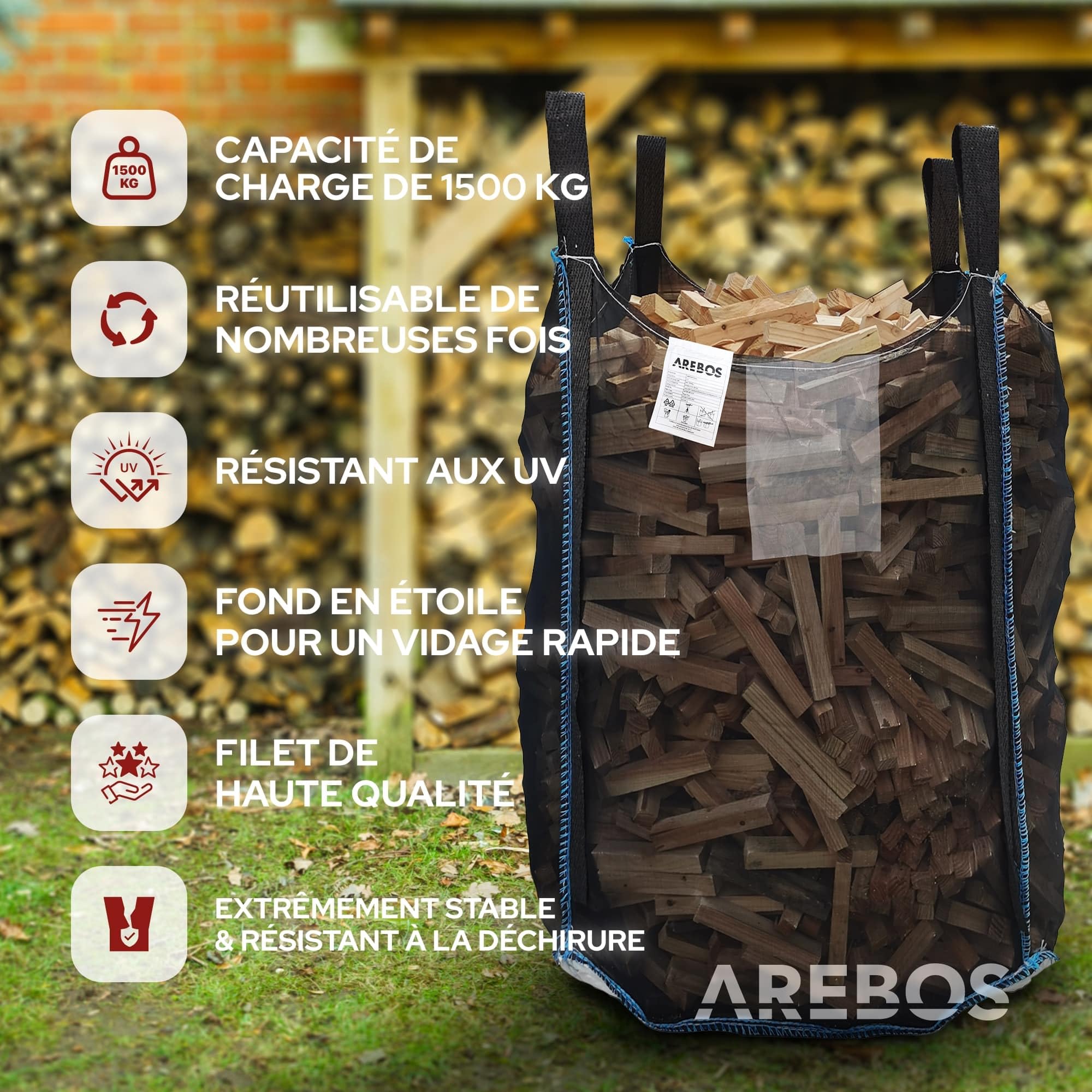 Arebos Premium Sac à bois | Big Bag 100 x 100 x 160 cm | 4 Passants & Tablier de Remplissage | Capacité 1000 kg | SF 5:1, EN ISO 21898 | Pour Gravats et Bois