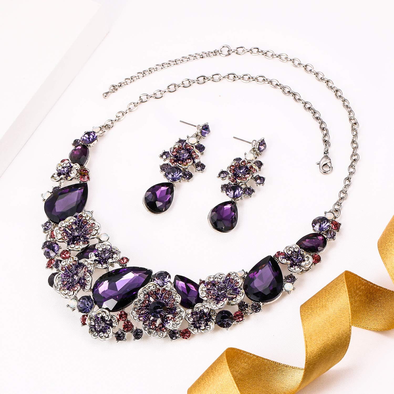 EVER FAITH Women's Austrian Crystal Teardrop Camellia Necklace Earrings Set for Prom, Bridal