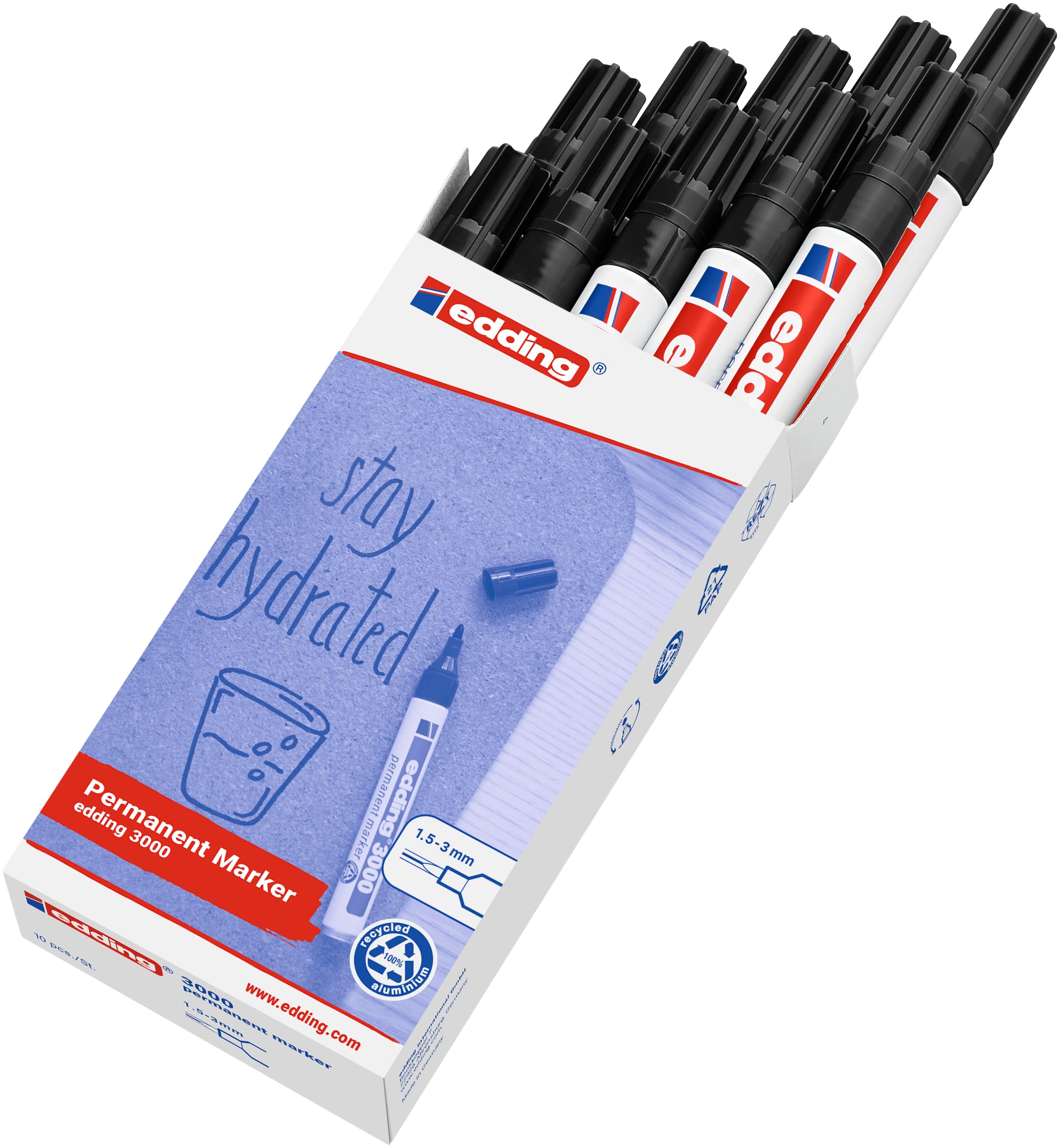 edding 3000 marcador permanente - negro - 10 rotuladores - punta redonda 1,5-3 mm - indeleble de secado rápido - resistente al agua y a los borrones - cartón, plástico, madera, metal, tela - universal