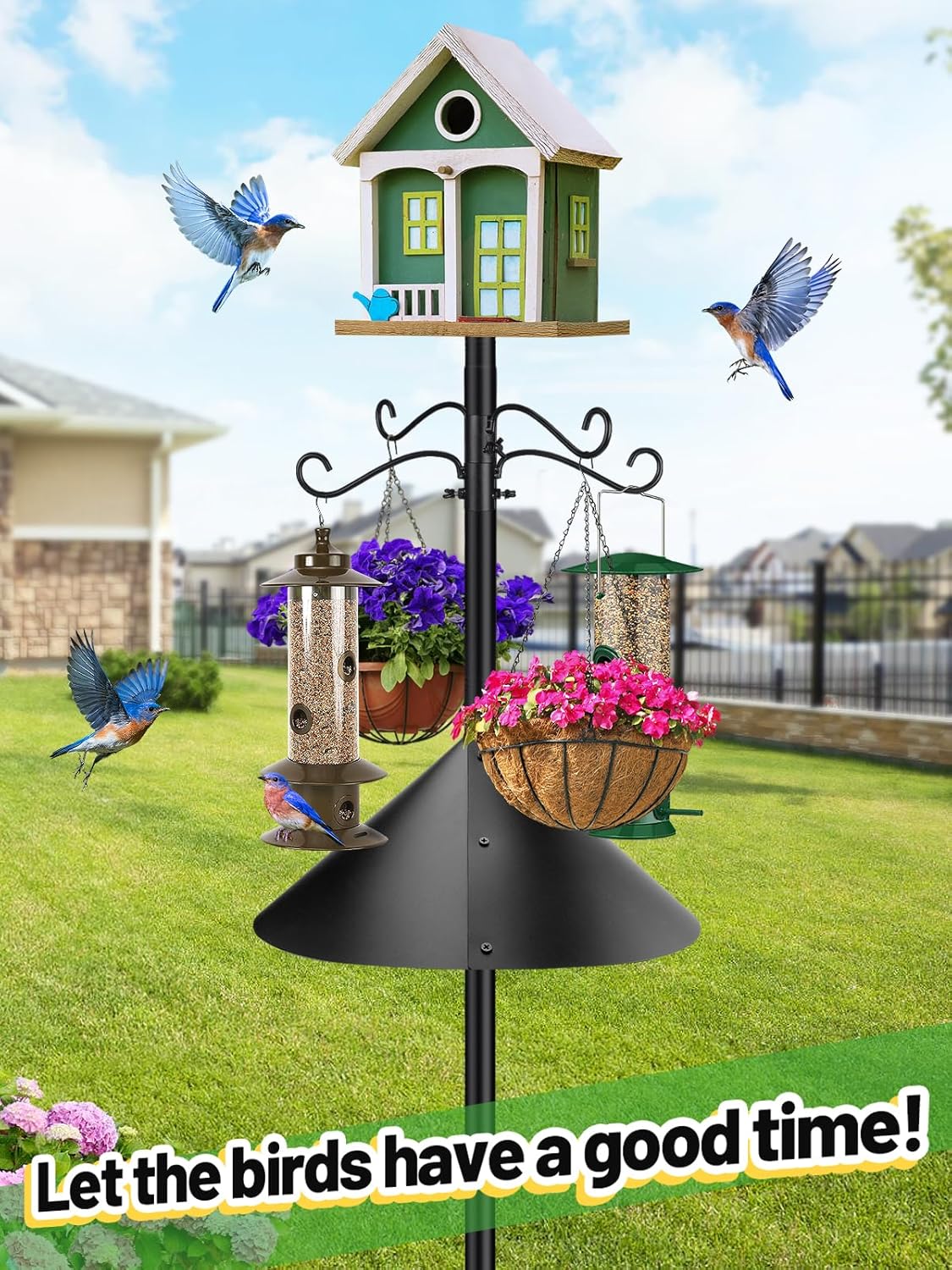 95 Inch Bird Feeder Pole with Squirrel Baffle - Adjustable Height Bird House Feeding Station Stand with Heavy Duty 5-Prong Anchor Shepherds Hook Hanger for Outdoor Garden Birds Watching