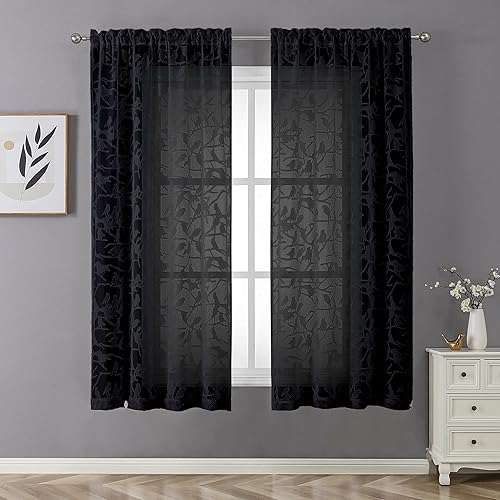 Vista 168 de OVZME - Anji Cortinas semitraslúcidas de gasa, ligeras, vaporosas, privacidad, textura, bolsillo barra doble, pájaros recortados, dormitorio, sala