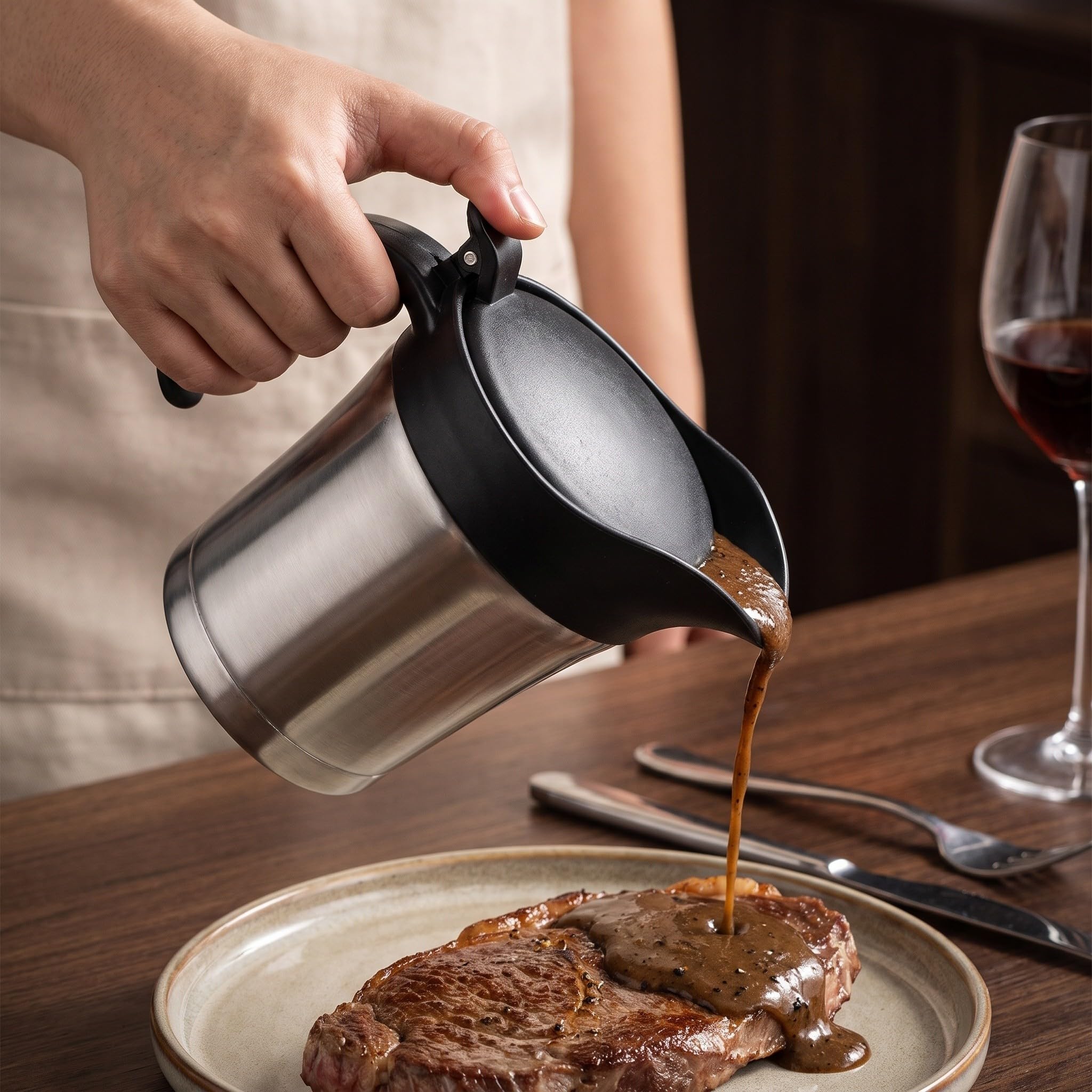 Gatuida Sauciere aus Edelstahl mit Klappdeckel, 450 ml