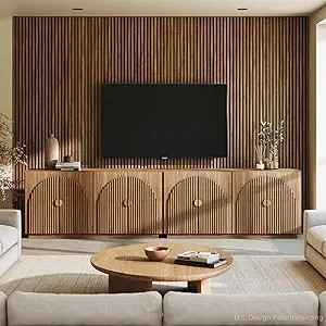 BELLEZE Set of 2 Fluted Buffet Cabinet with Storage, 65 Inch Symmetrical Arc Accent Sideboard Large Console Table for Dining Room, Kitchen, and Living Room (Caramel Brown)