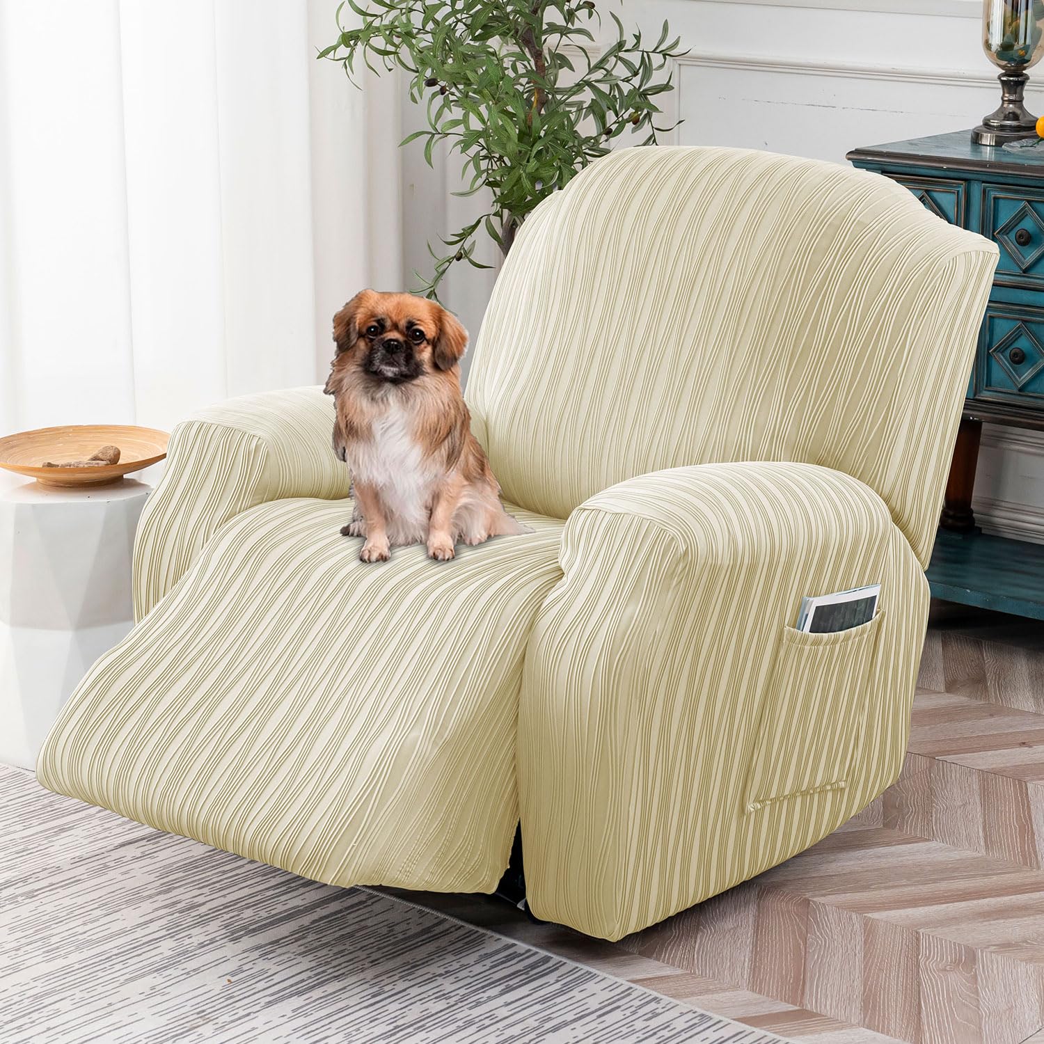 Doottoo Recliner Cover Stretch Soft Couch Cover for Dogs, Sofa Slipcover for Recliner Couch Leakproof Furniture Protector for Kids, Pets (Beige)