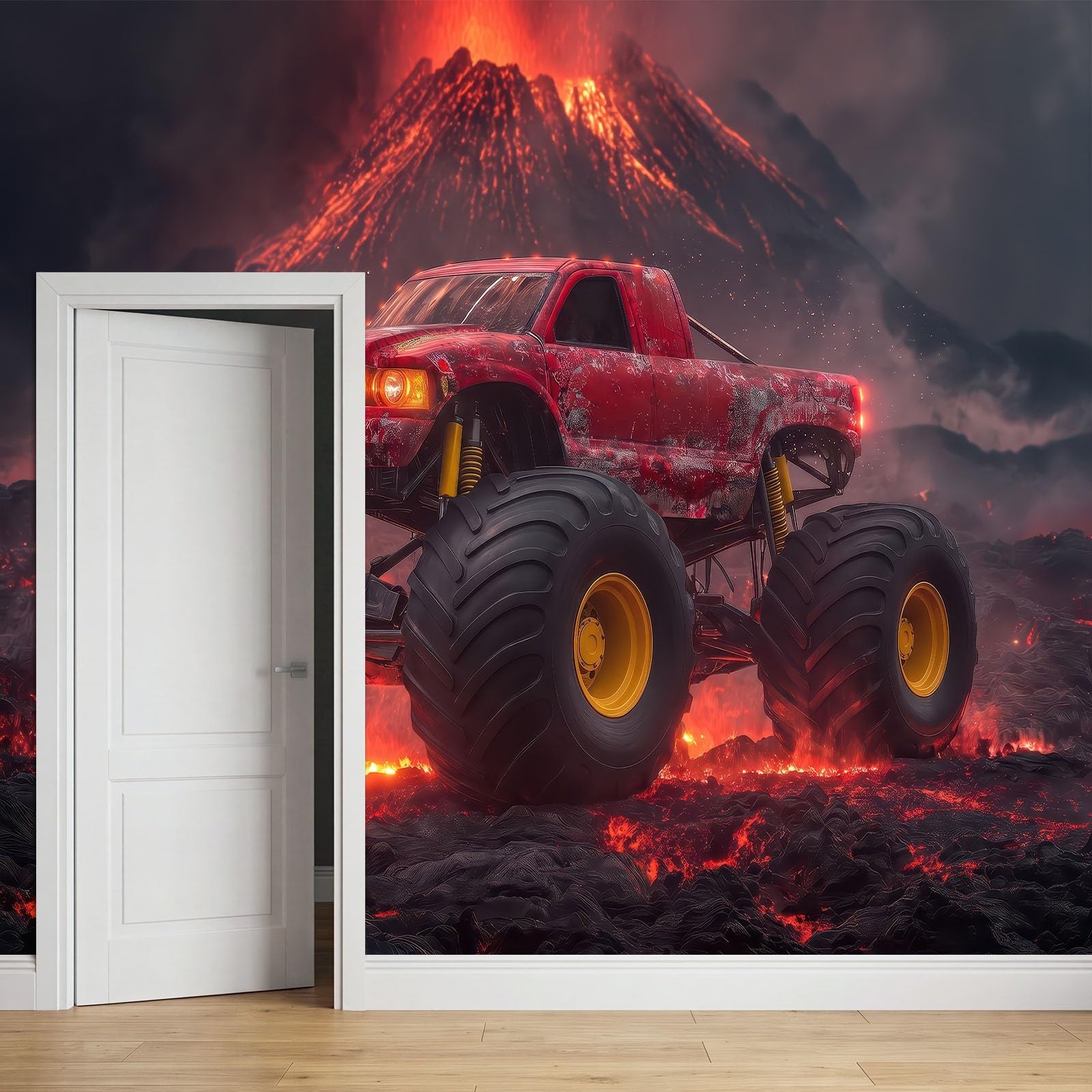 Générique Panoramiczna tapeta 3D 450 x 280 cm potwór ciężarówka fajne płomienie tapeta z włókniny, duży plakat ścienny do salonu, dekoracji pokoju dziecięcego, łatwy montaż, czerwona